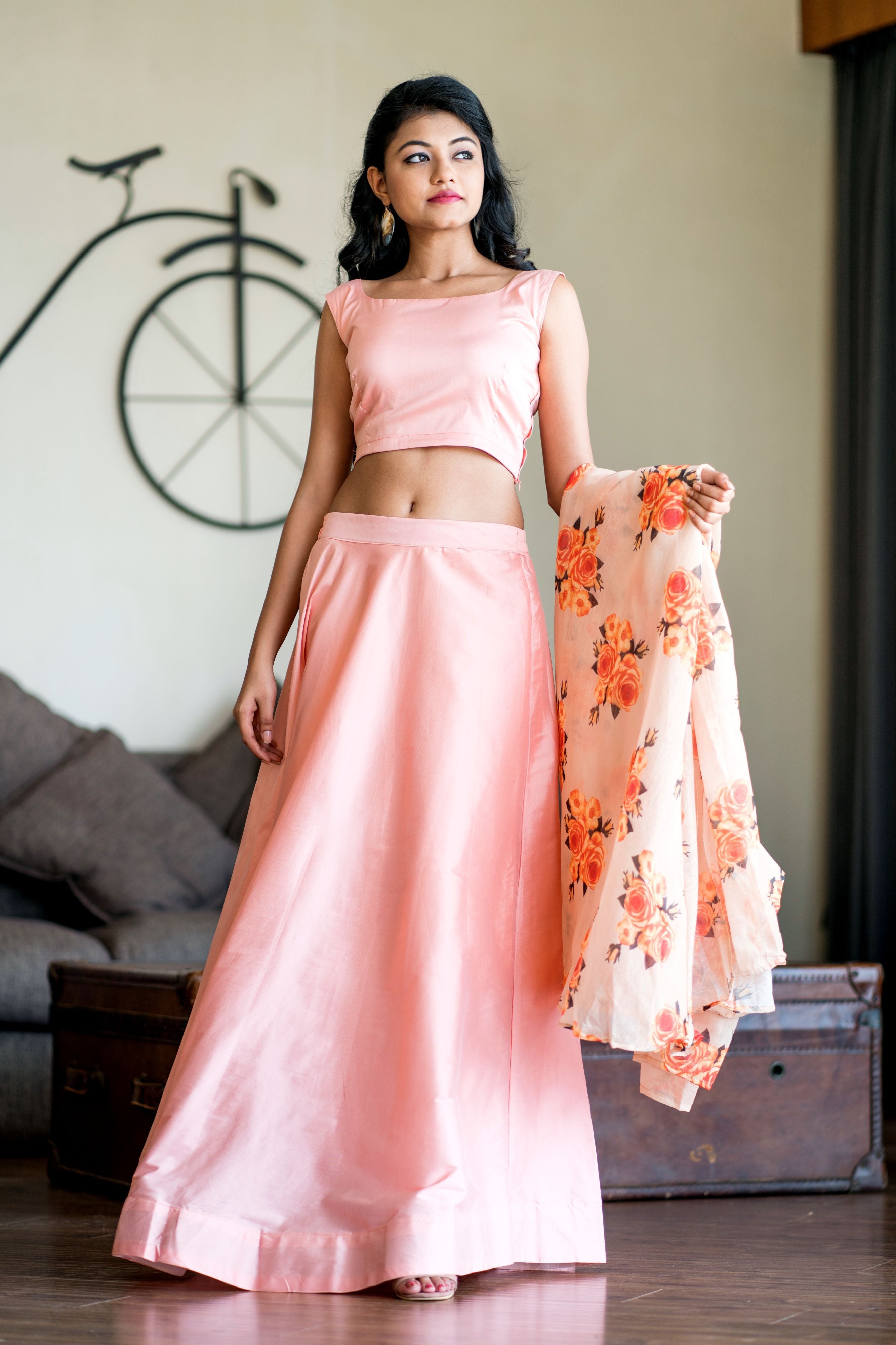 Women Peach Crop Top Lehenga With Floral Printed Shrug- Adiba Fashion