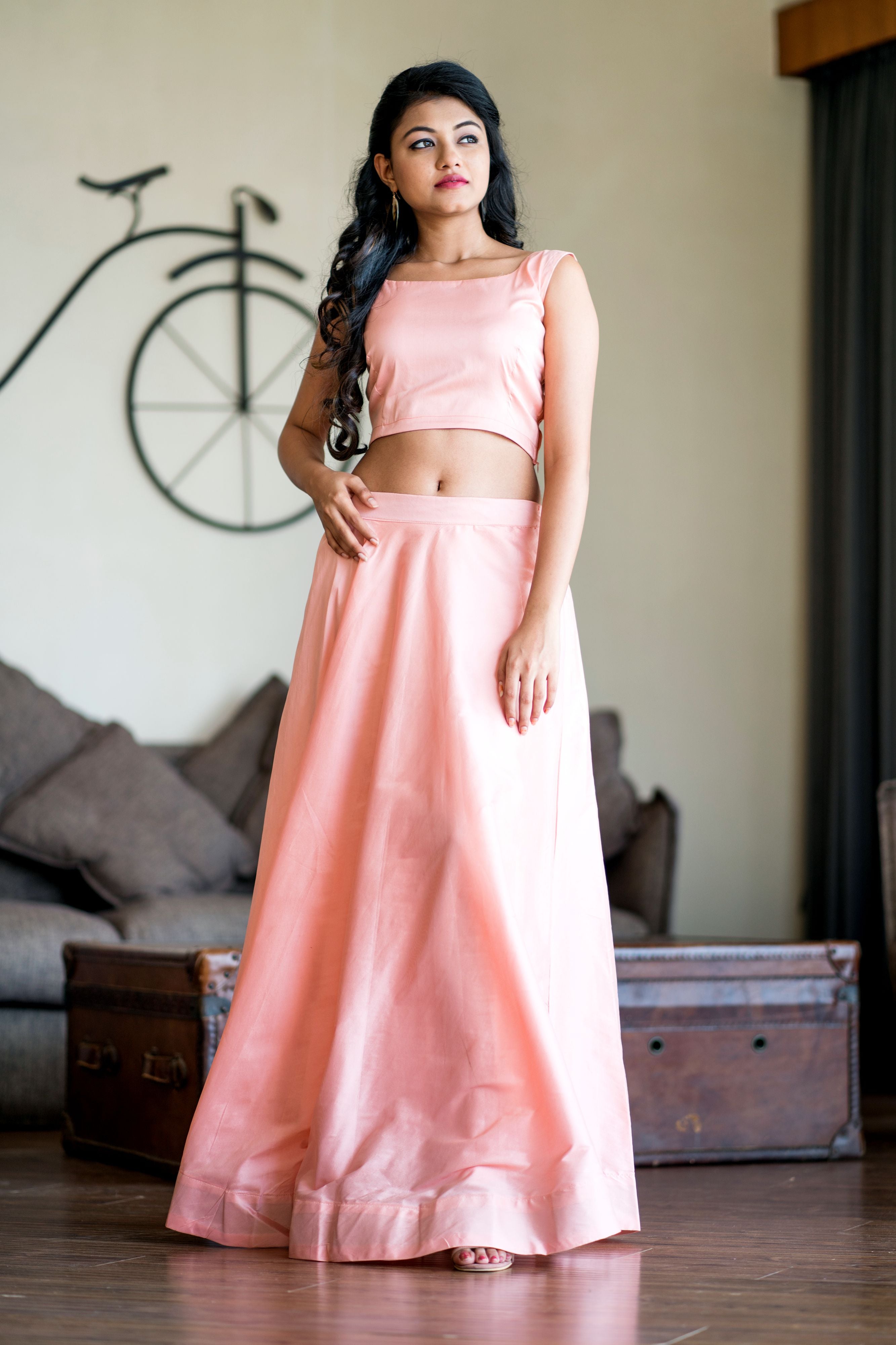 Women Peach Crop Top Lehenga With Floral Printed Shrug- Adiba