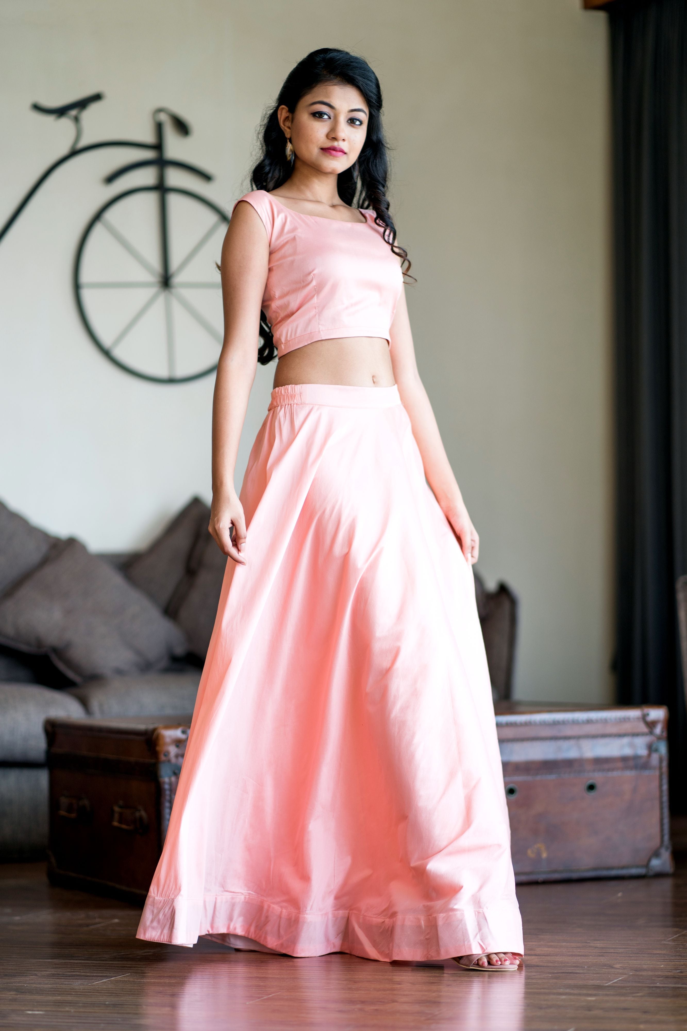 Women Peach Crop Top Lehenga With Floral Printed Shrug- Adiba Fashion