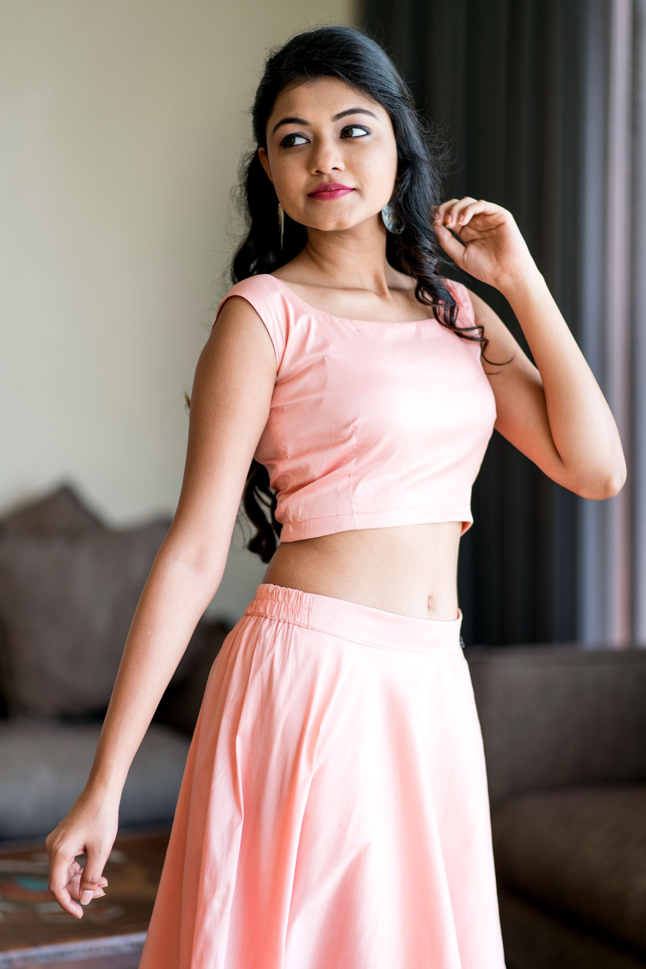 Women Peach Crop Top Lehenga With Floral Printed Shrug- Adiba Fashion