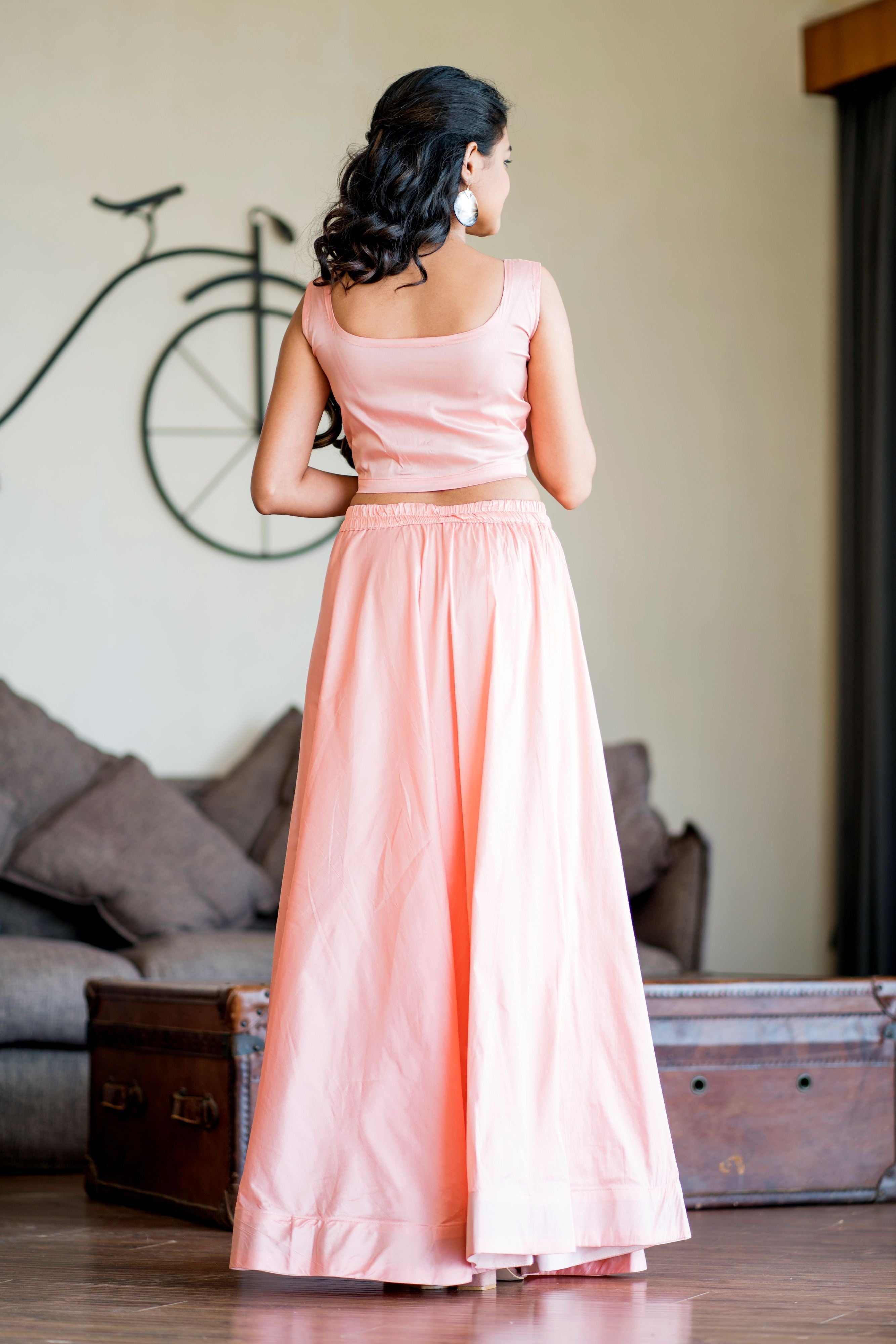 Women Peach Crop Top Lehenga With Floral Printed Shrug- Adiba Fashion