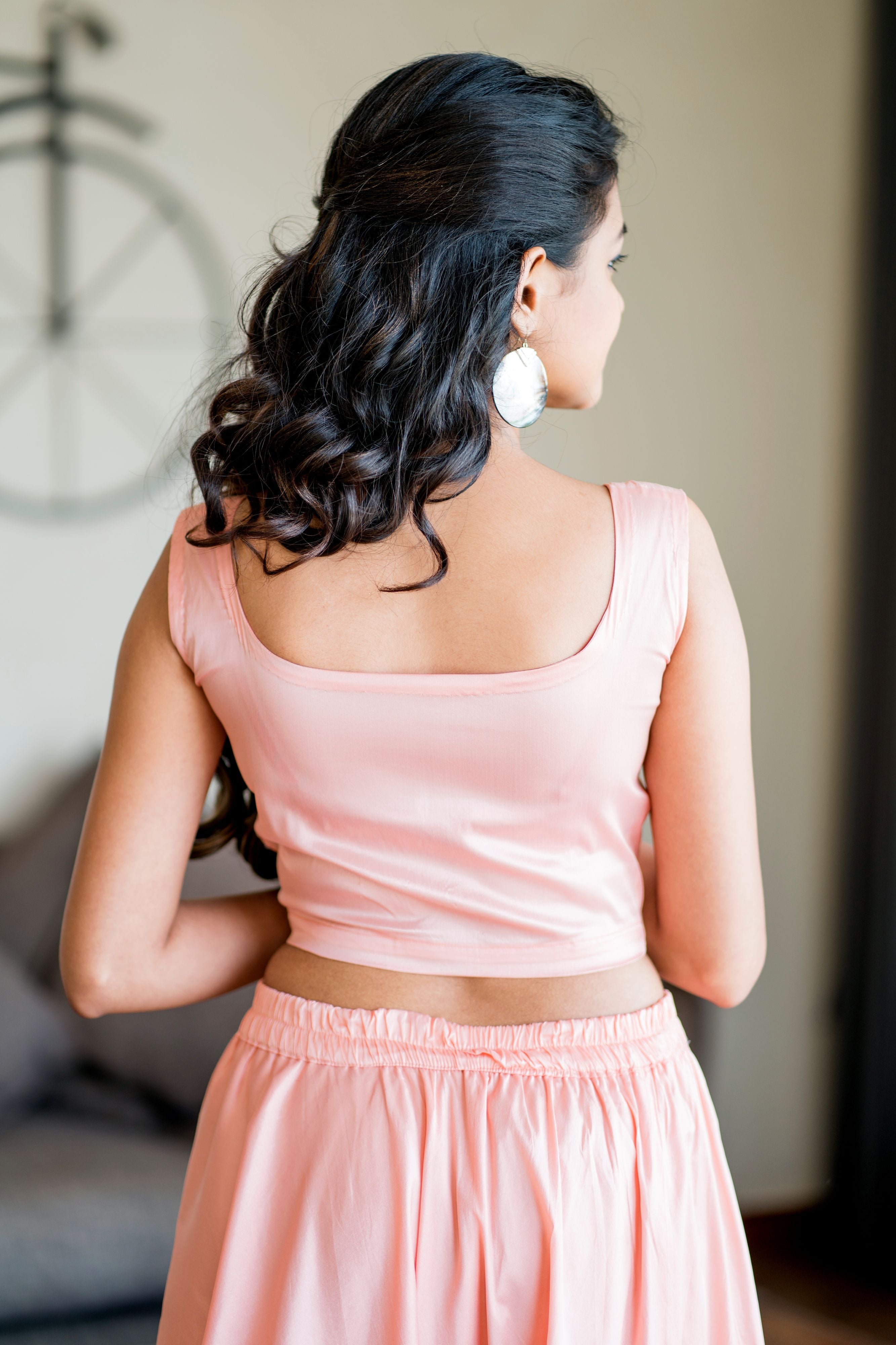 Women Peach Crop Top Lehenga With Floral Printed Shrug- Adiba Fashion
