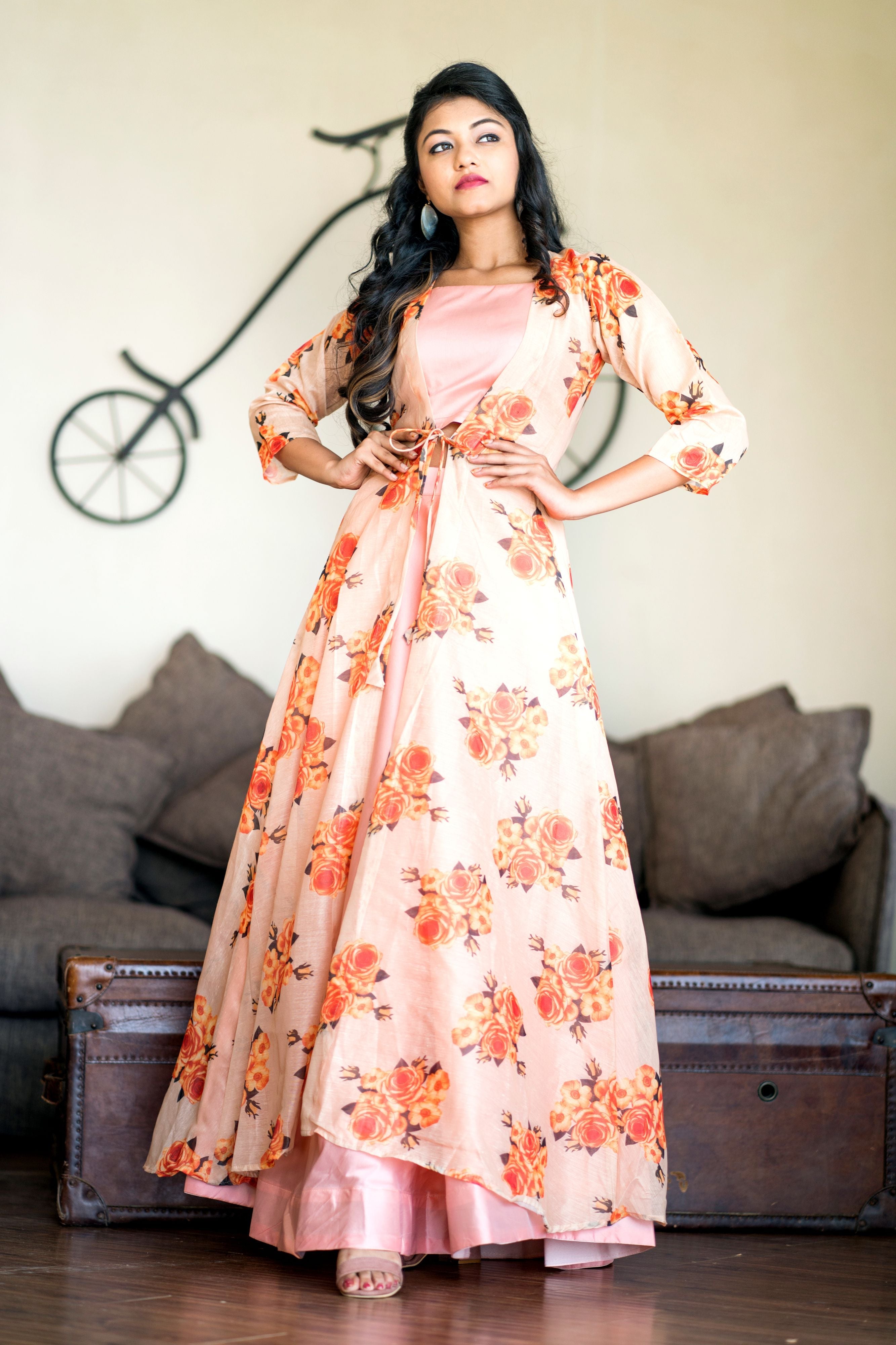 Women Peach Crop Top Lehenga With Floral Printed Shrug- Adiba Fashion