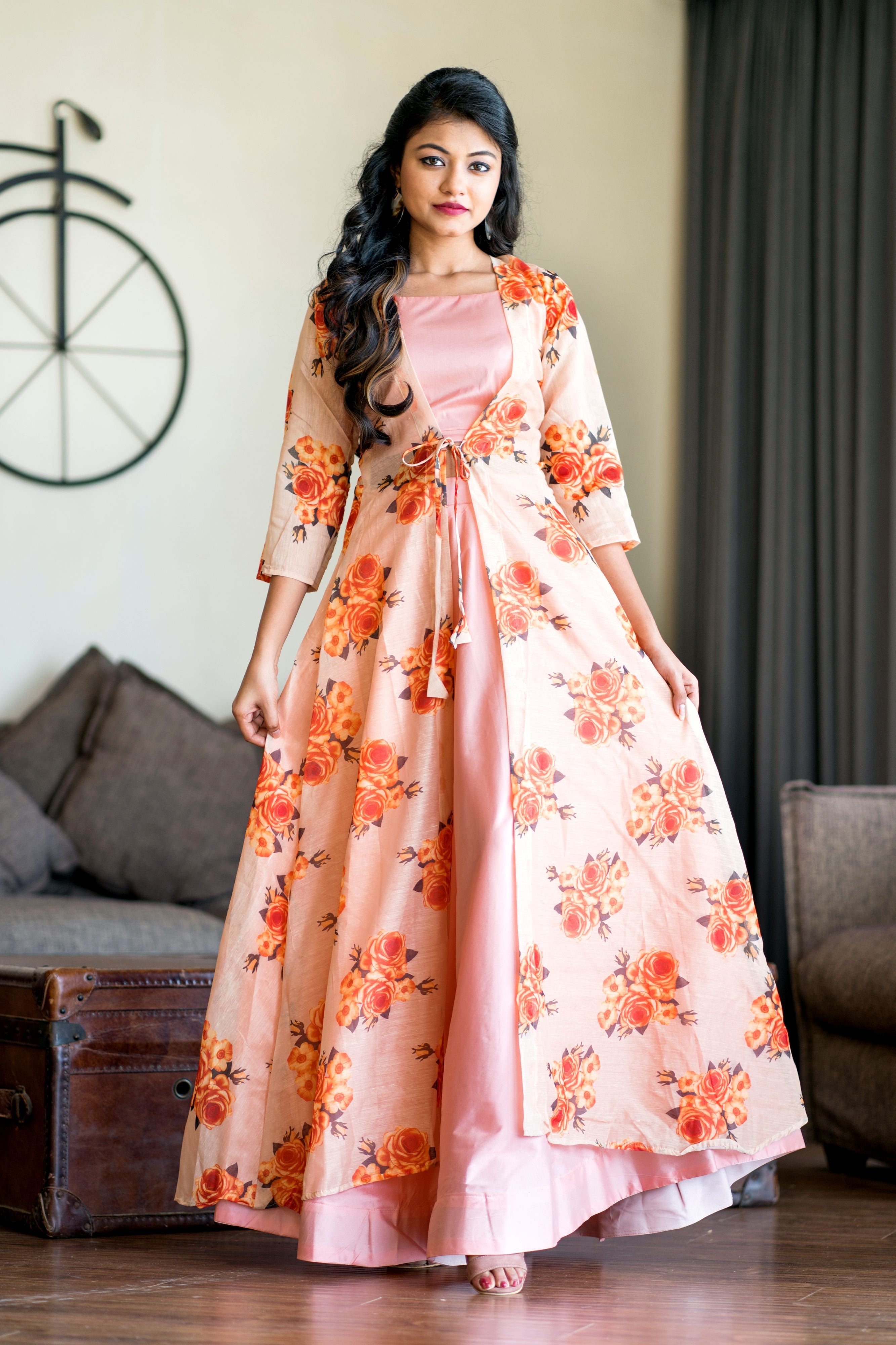Women Peach Crop Top Lehenga With Floral Printed Shrug- Adiba Fashion