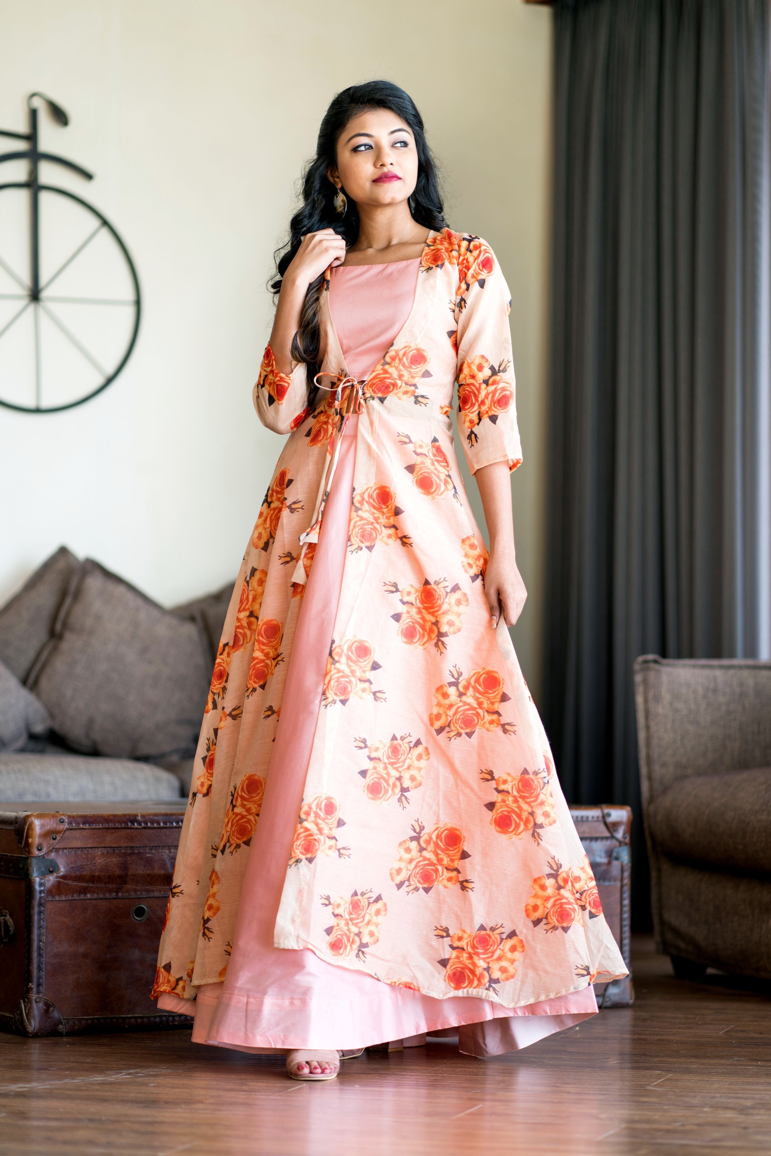 Women Peach Crop Top Lehenga With Floral Printed Shrug- Adiba Fashion