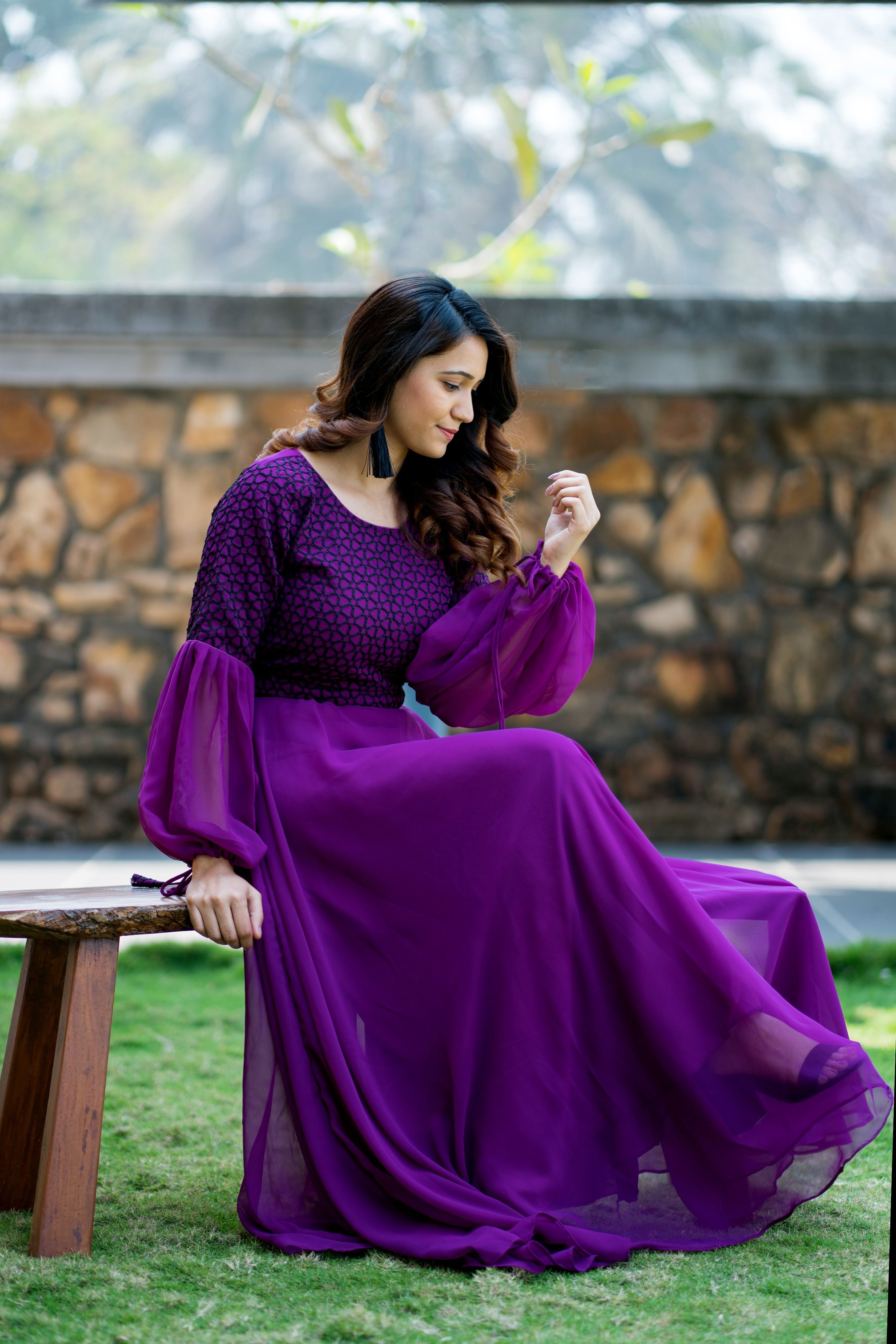 Women Purple Embroidered Round Neck Gown With Puff and Adjustable Sleeves- Adiba Fashion