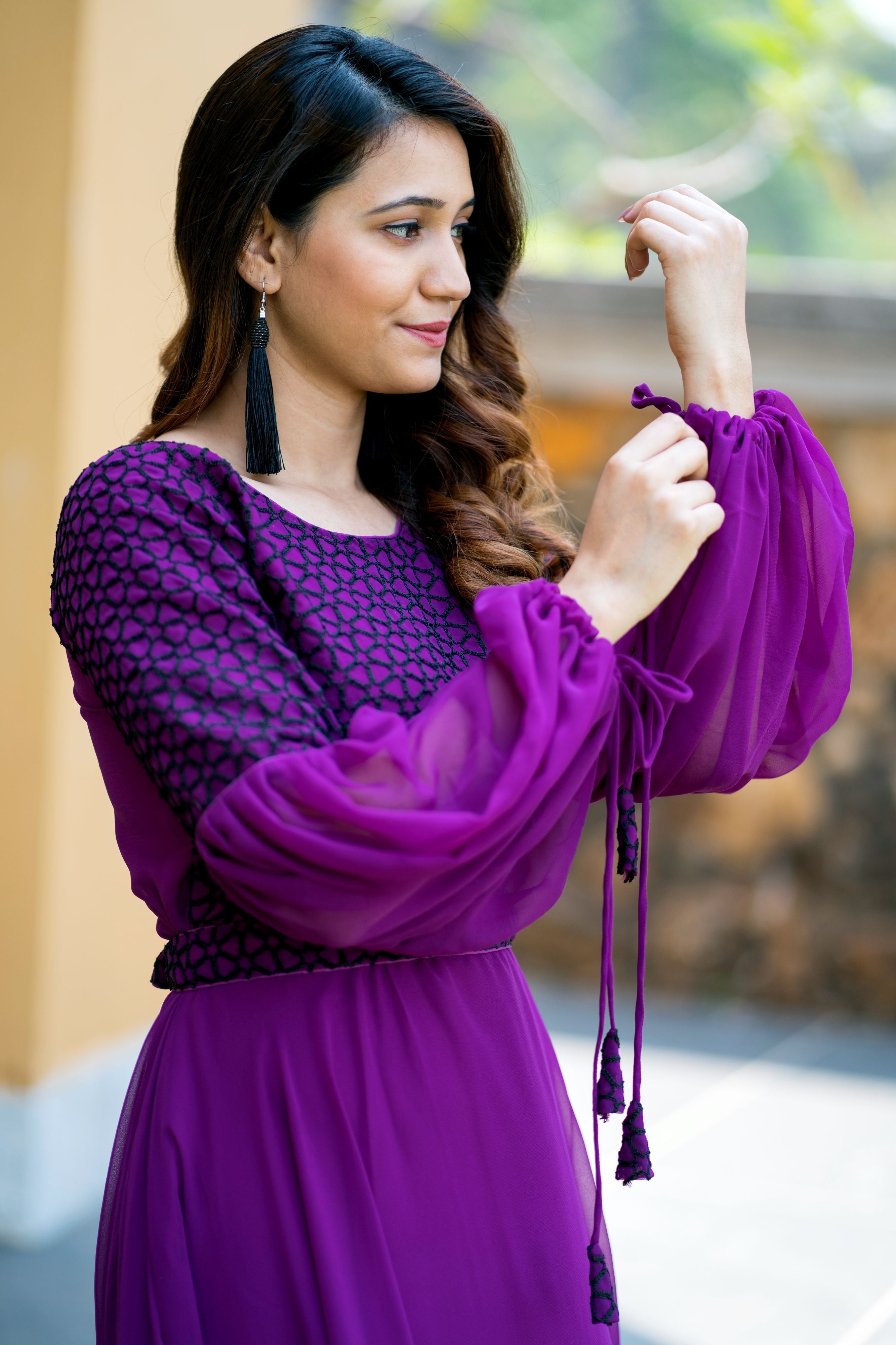 Women Purple Embroidered Round Neck Gown With Puff and Adjustable Sleeves- Adiba Fashion