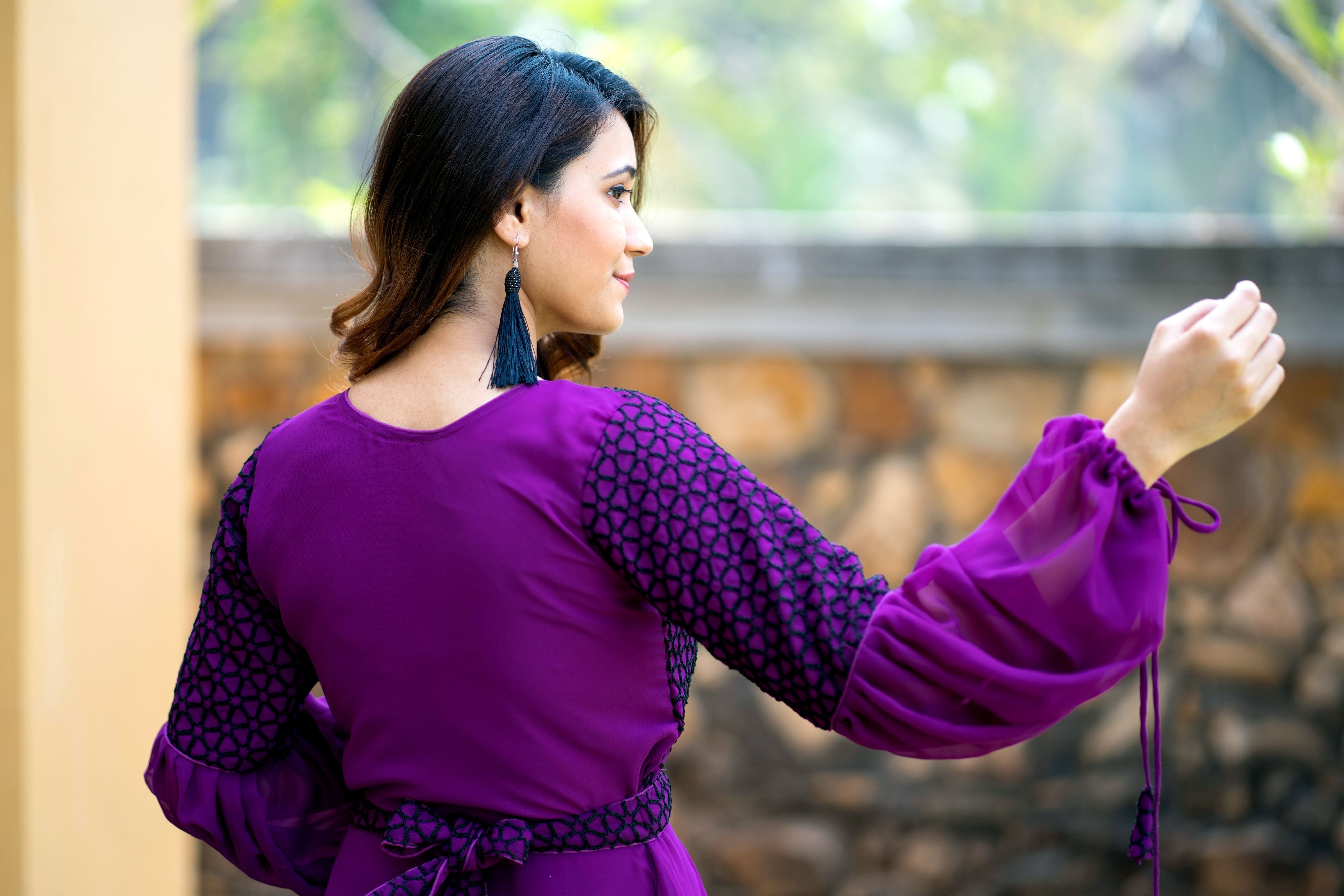 Women Purple Embroidered Round Neck Gown With Puff and Adjustable Sleeves- Adiba Fashion