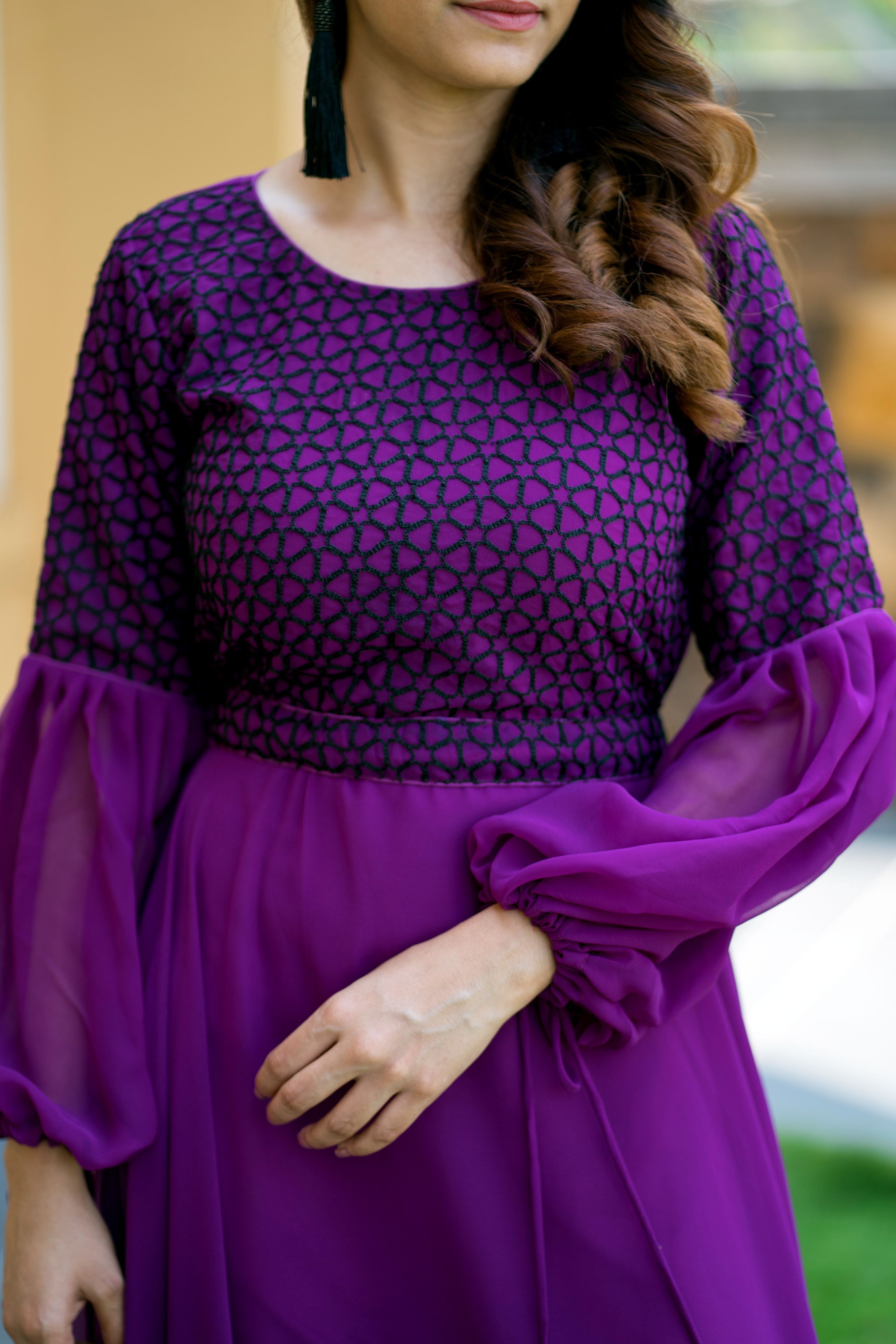 Women Purple Embroidered Round Neck Gown With Puff and Adjustable Sleeves- Adiba Fashion