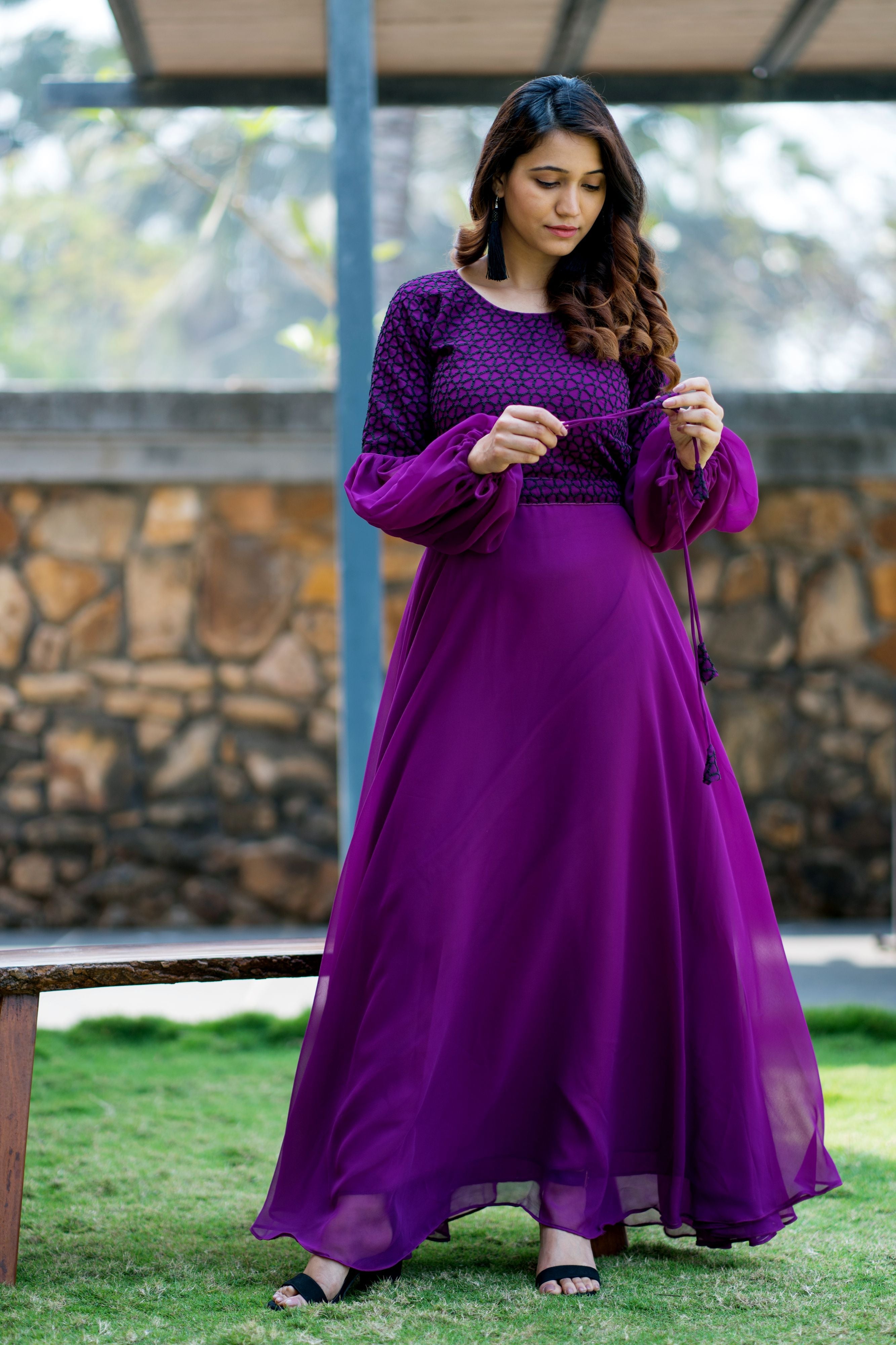 Women Purple Embroidered Round Neck Gown With Puff and Adjustable Sleeves- Adiba Fashion