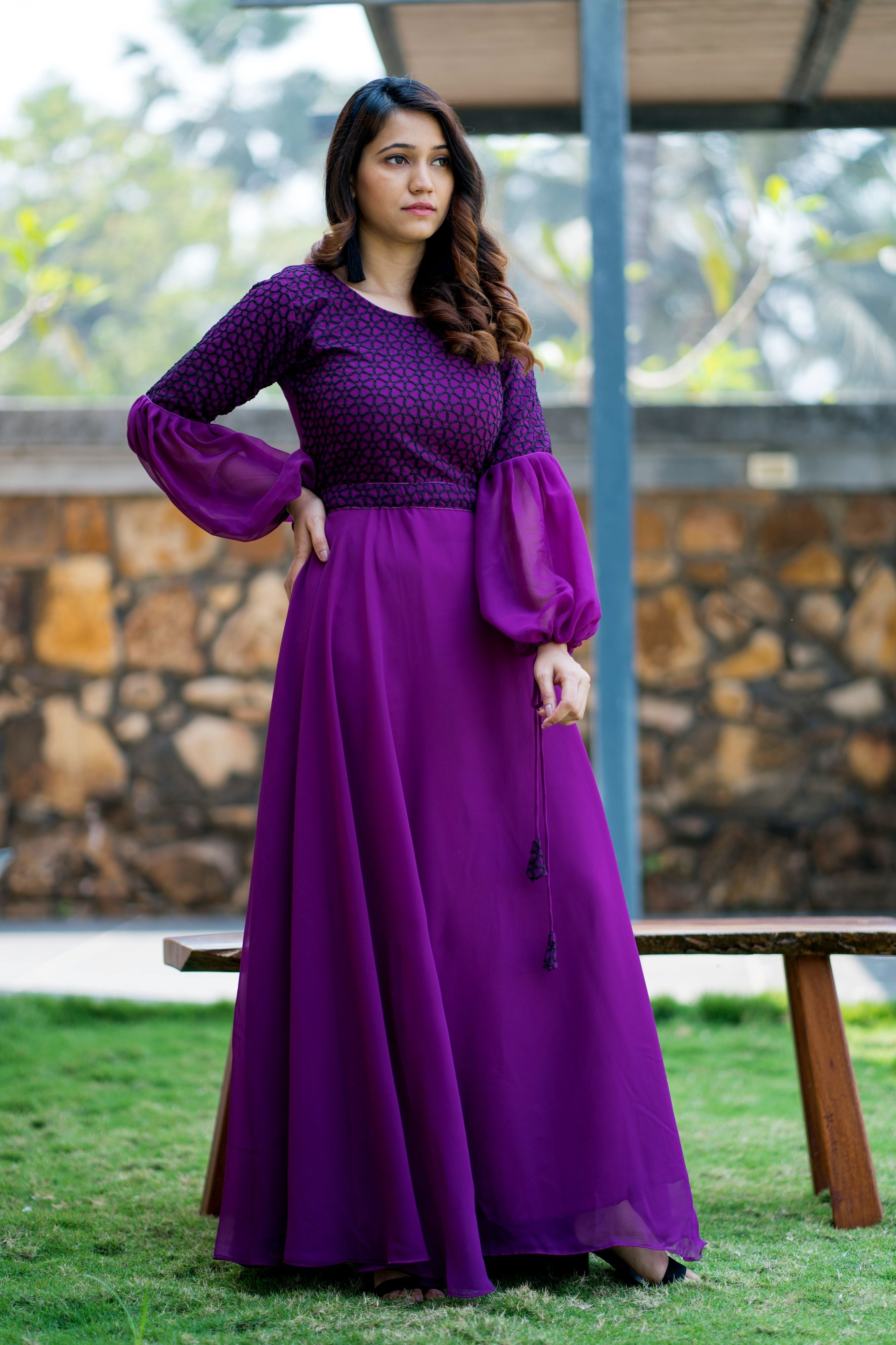 Women Purple Embroidered Round Neck Gown With Puff and Adjustable Sleeves- Adiba Fashion