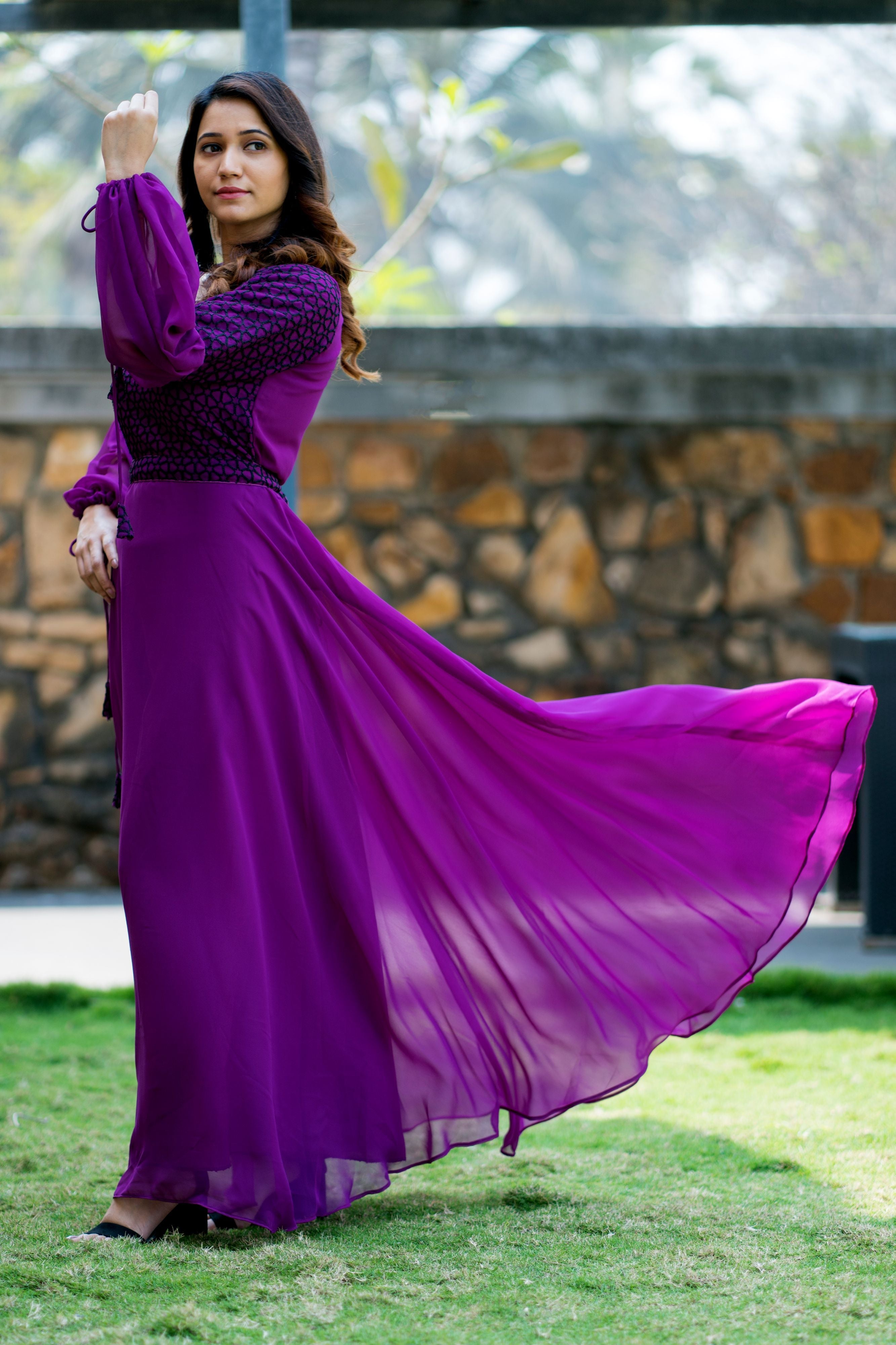 Women Purple Embroidered Round Neck Gown With Puff and Adjustable Sleeves- Adiba Fashion