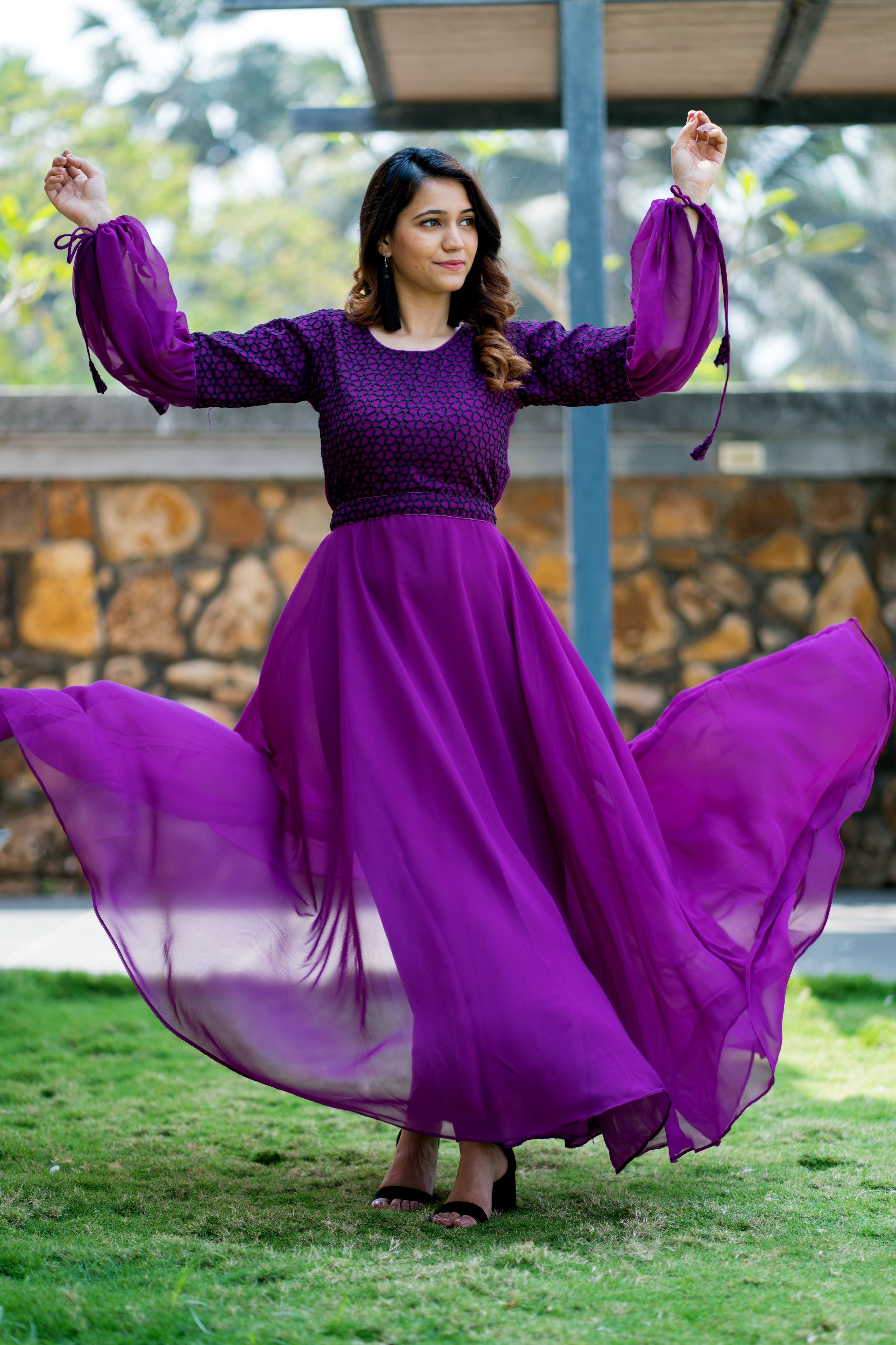 Women Purple Embroidered Round Neck Gown With Puff and Adjustable Sleeves- Adiba Fashion