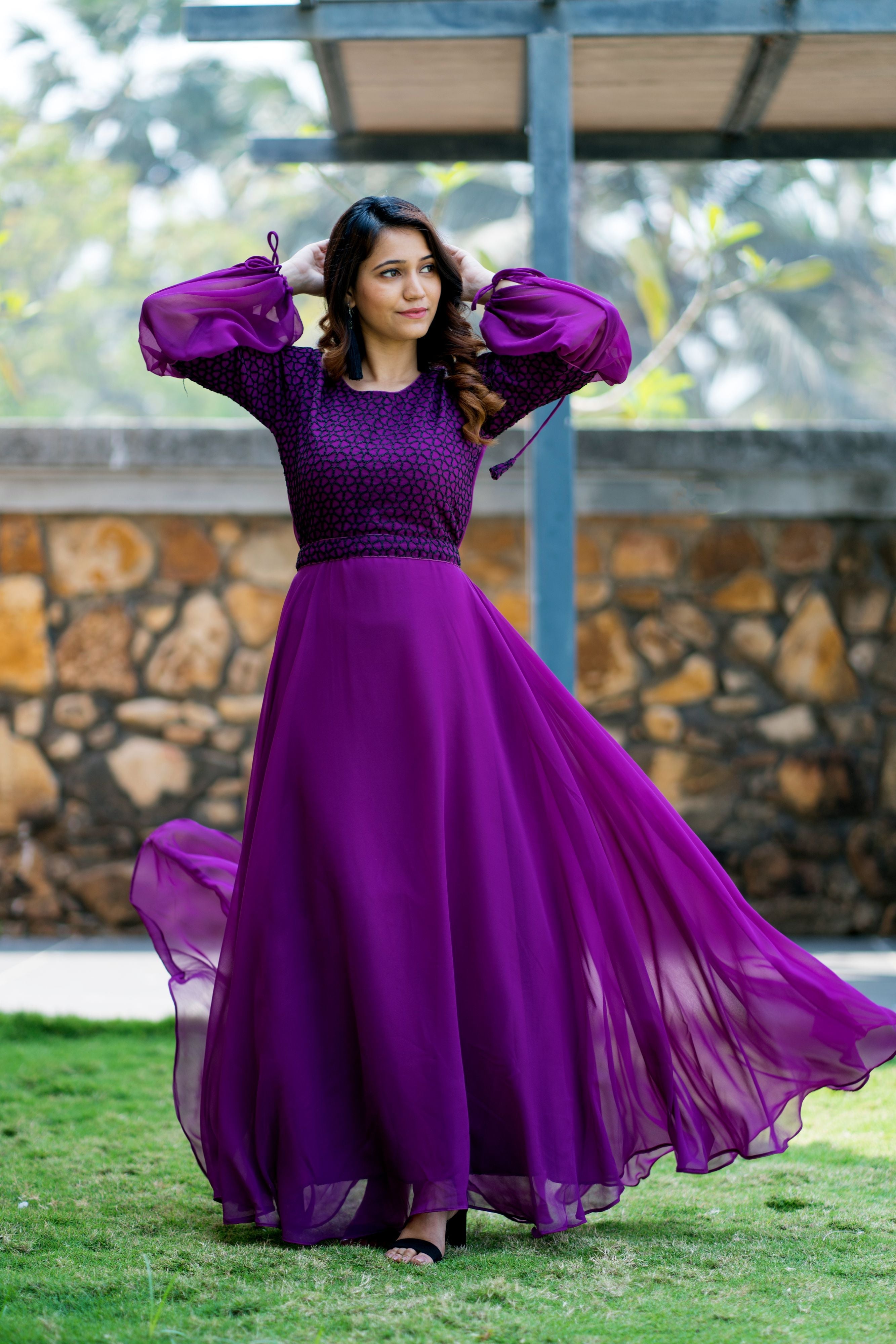 Women Purple Embroidered Round Neck Gown With Puff and Adjustable Sleeves- Adiba Fashion