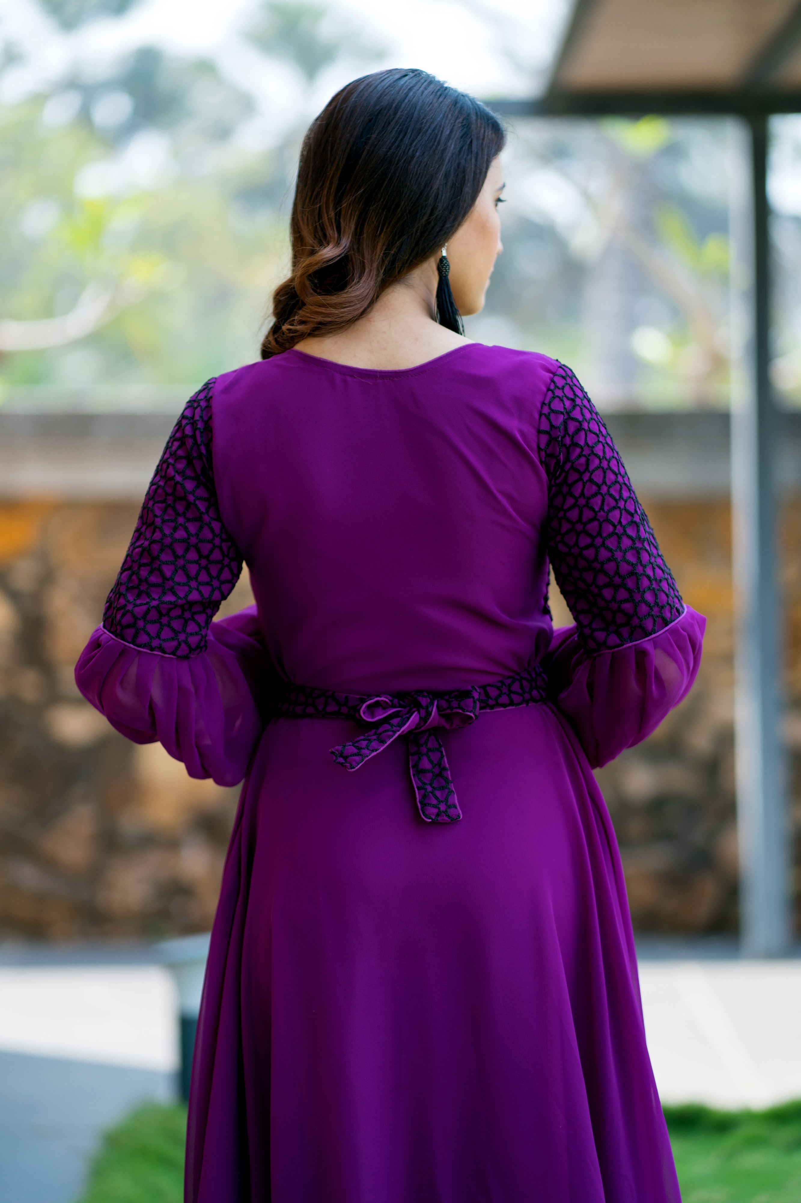 Women Purple Embroidered Round Neck Gown With Puff and Adjustable Sleeves- Adiba Fashion