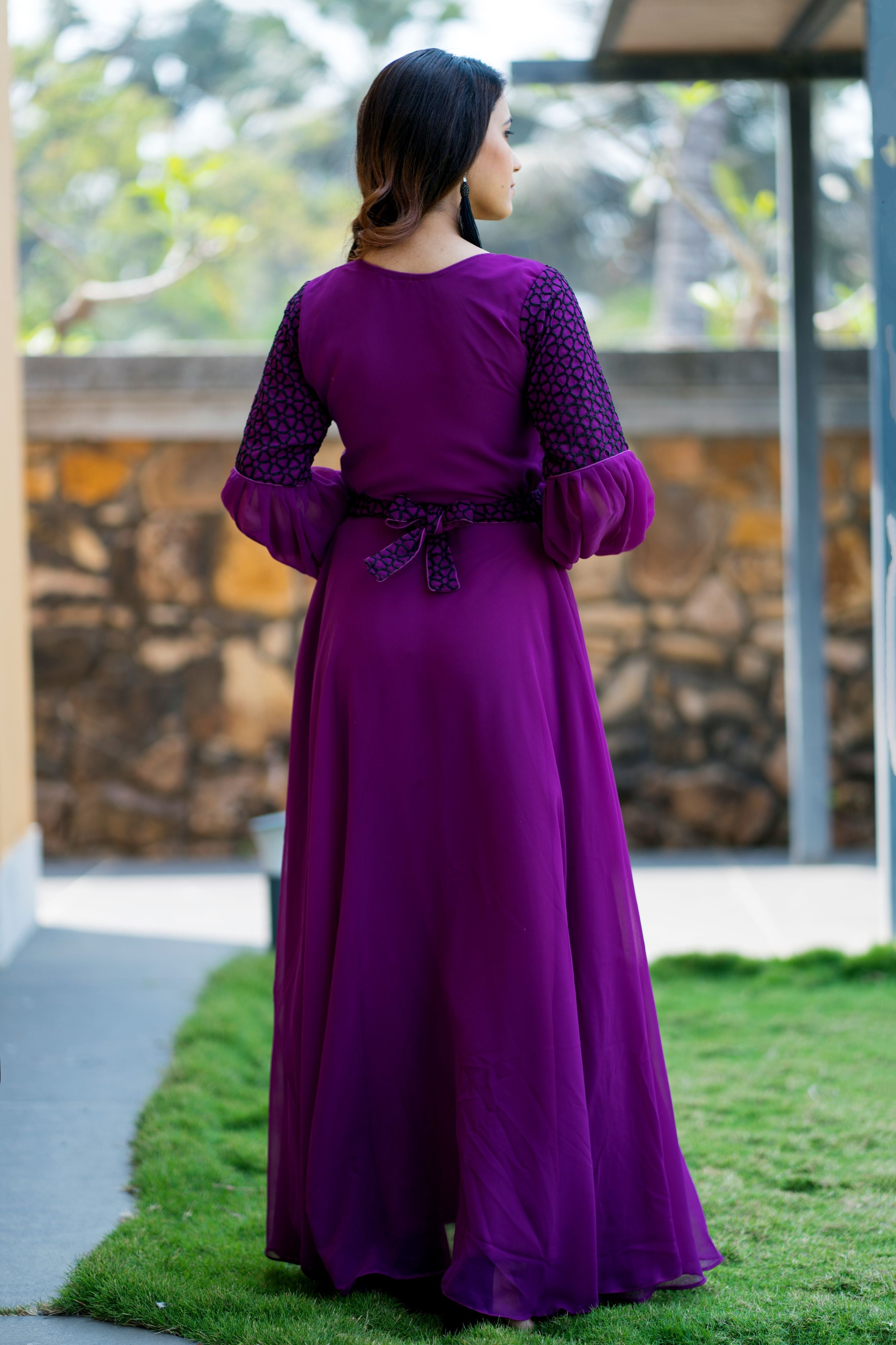 Women Purple Embroidered Round Neck Gown With Puff and Adjustable Sleeves- Adiba Fashion