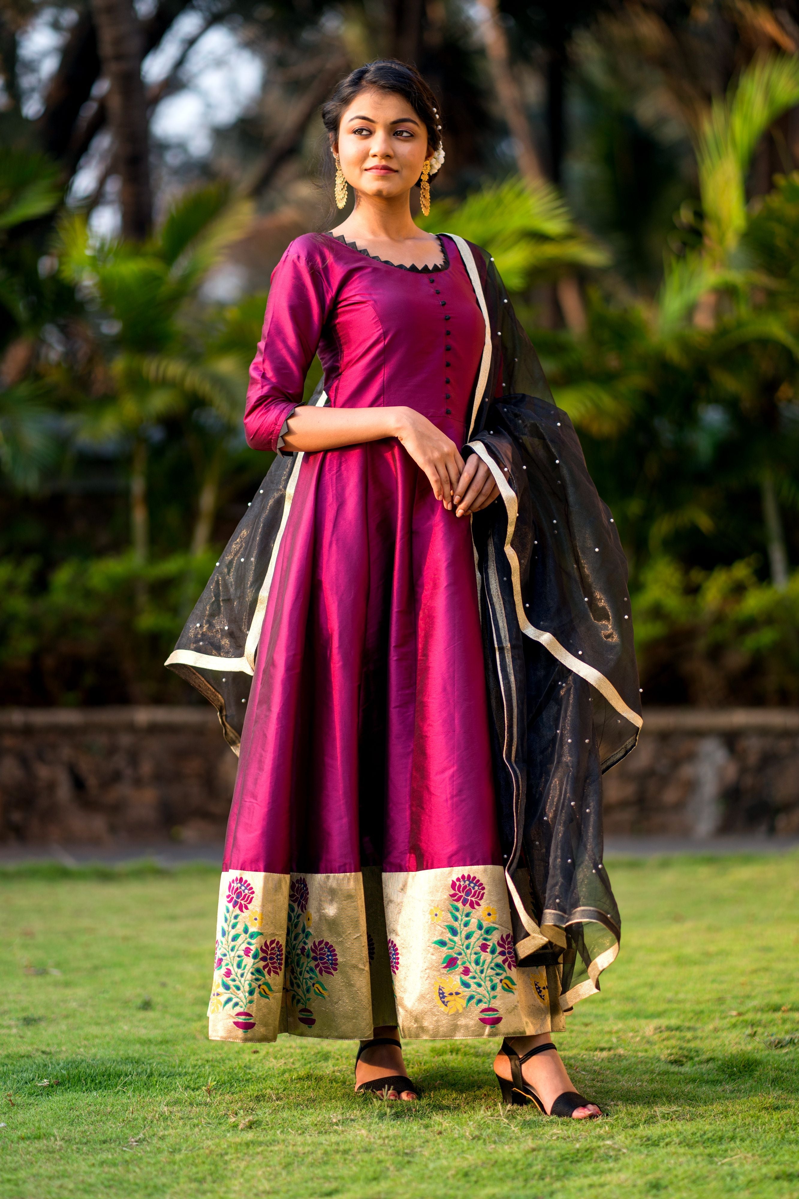 Women Purple Taffeta Silk Anarkali Gown With Dupatta- Adiba Fashion