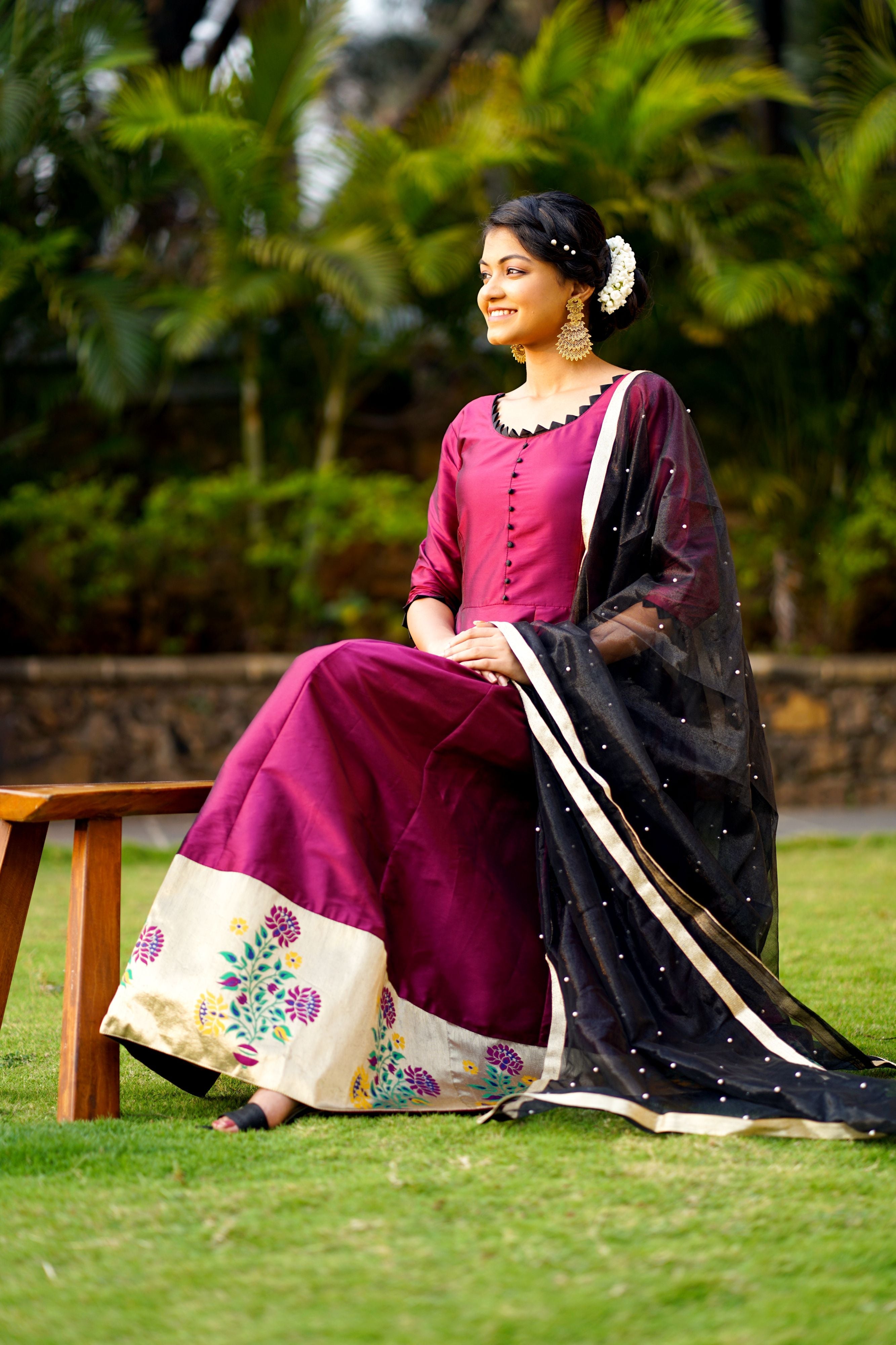 Women Purple Taffeta Silk Anarkali Gown With Dupatta- Adiba Fashion