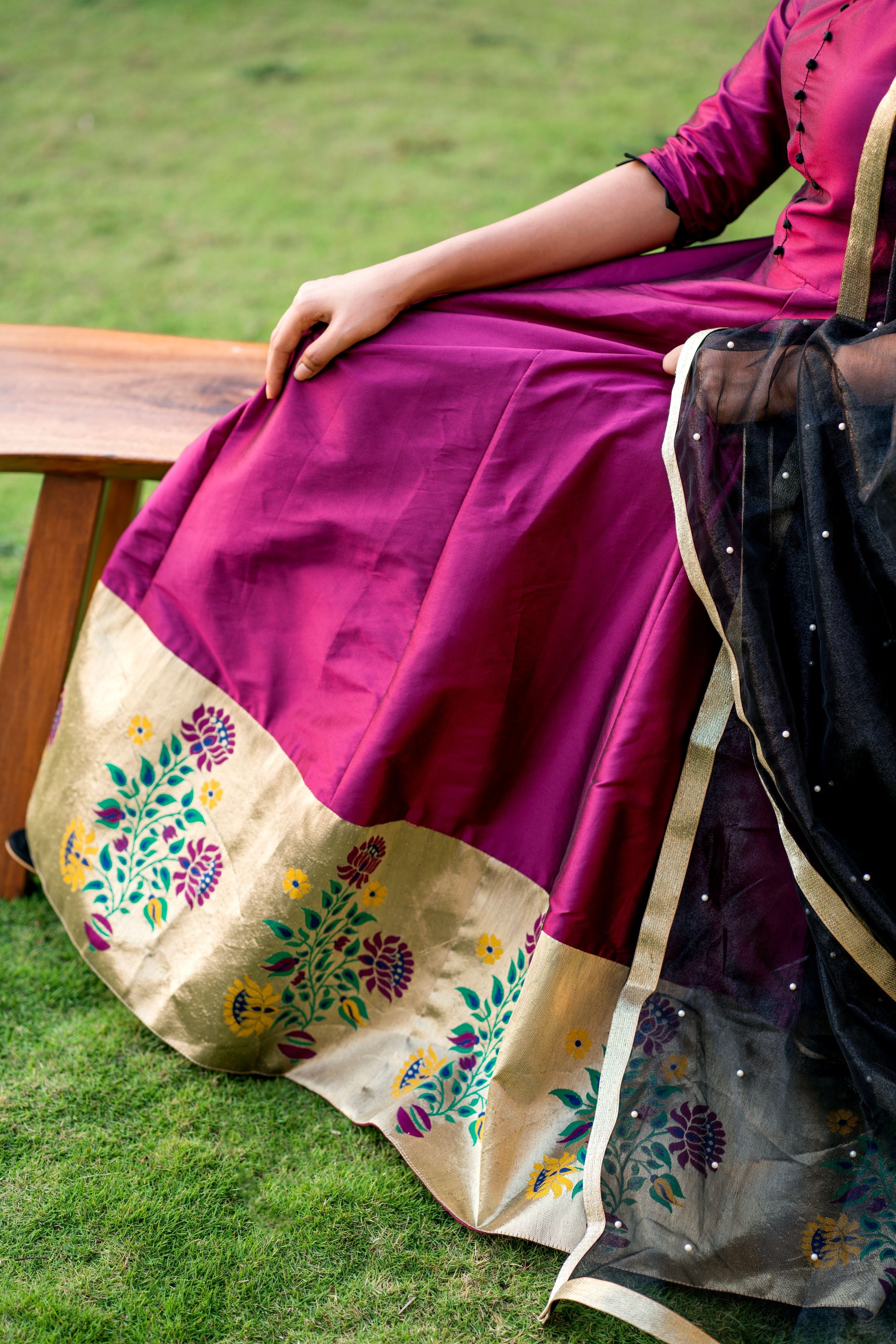 Women Purple Taffeta Silk Anarkali Gown With Dupatta- Adiba Fashion