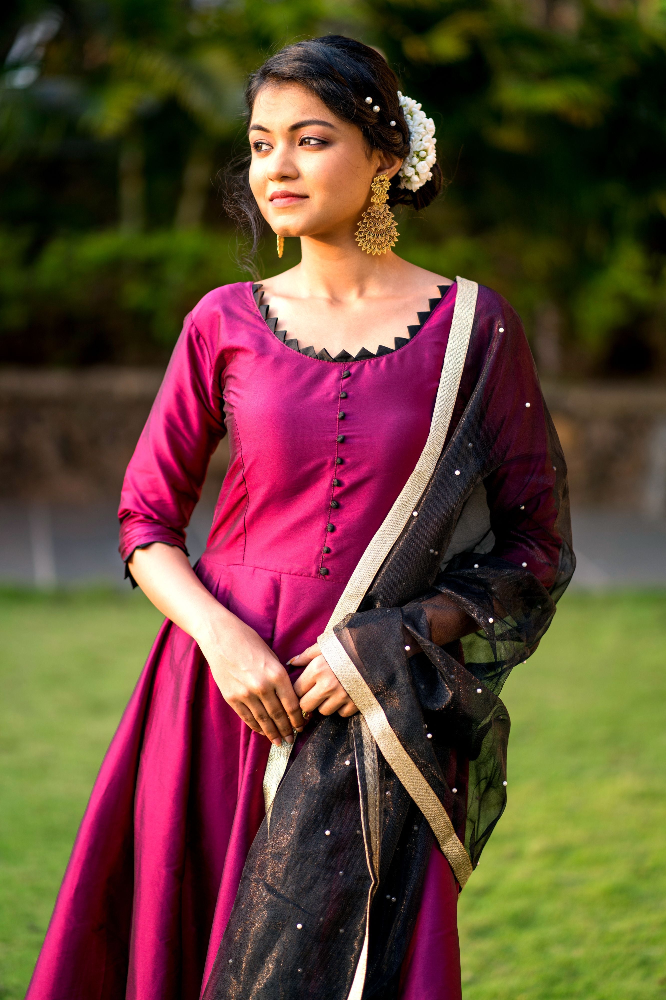 Women Purple Taffeta Silk Anarkali Gown With Dupatta- Adiba Fashion