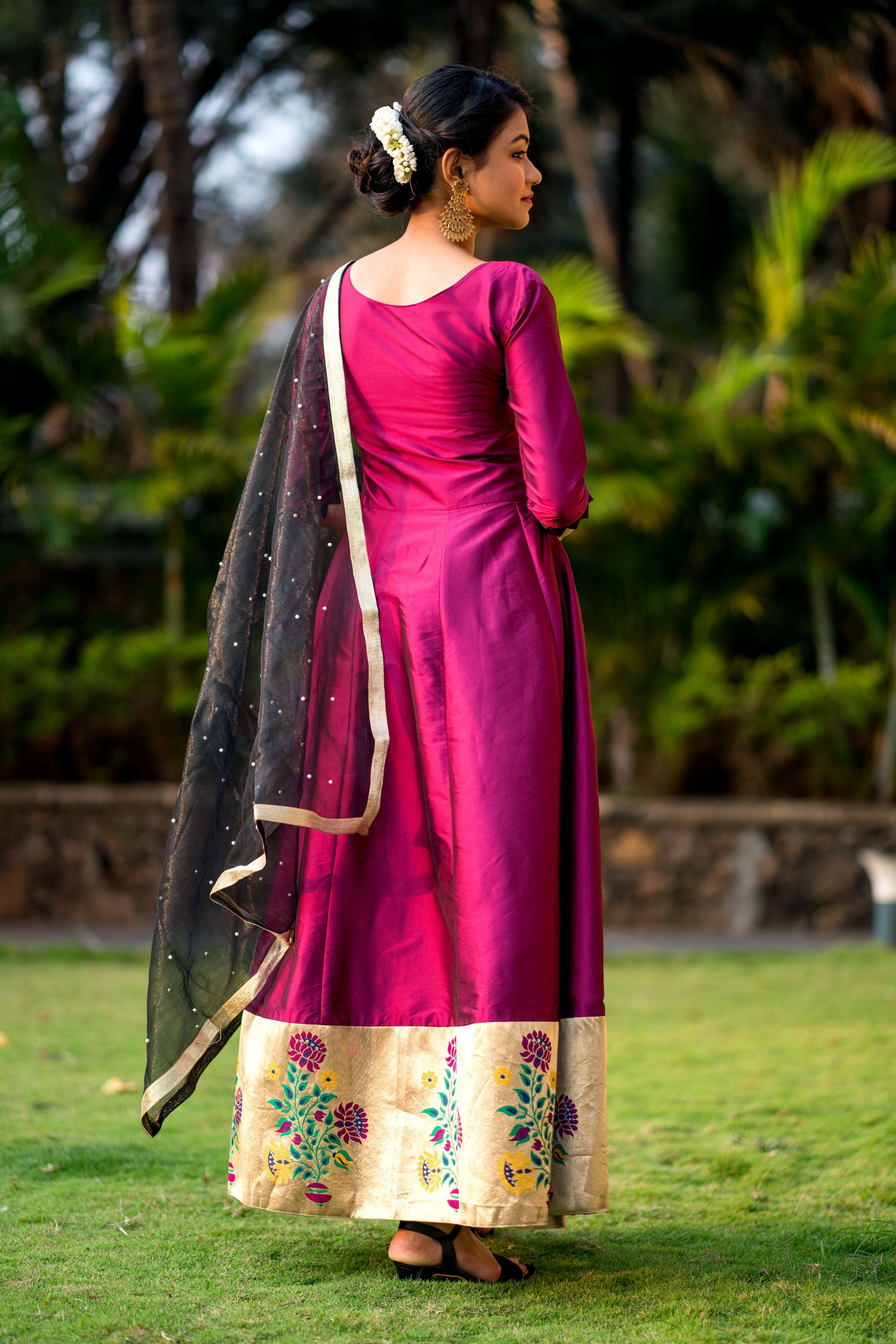 Women Purple Taffeta Silk Anarkali Gown With Dupatta- Adiba Fashion