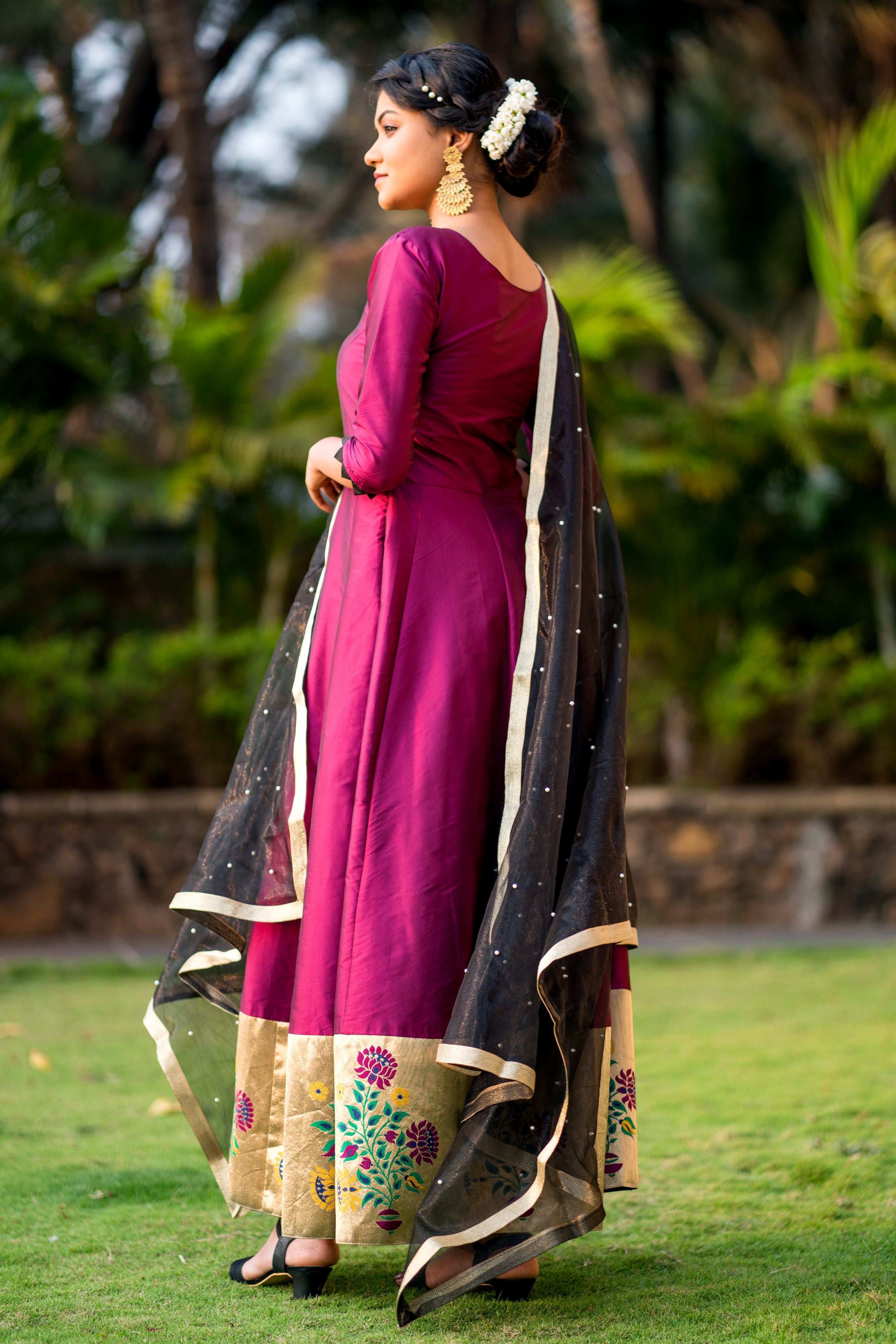 Women Purple Taffeta Silk Anarkali Gown With Dupatta- Adiba Fashion