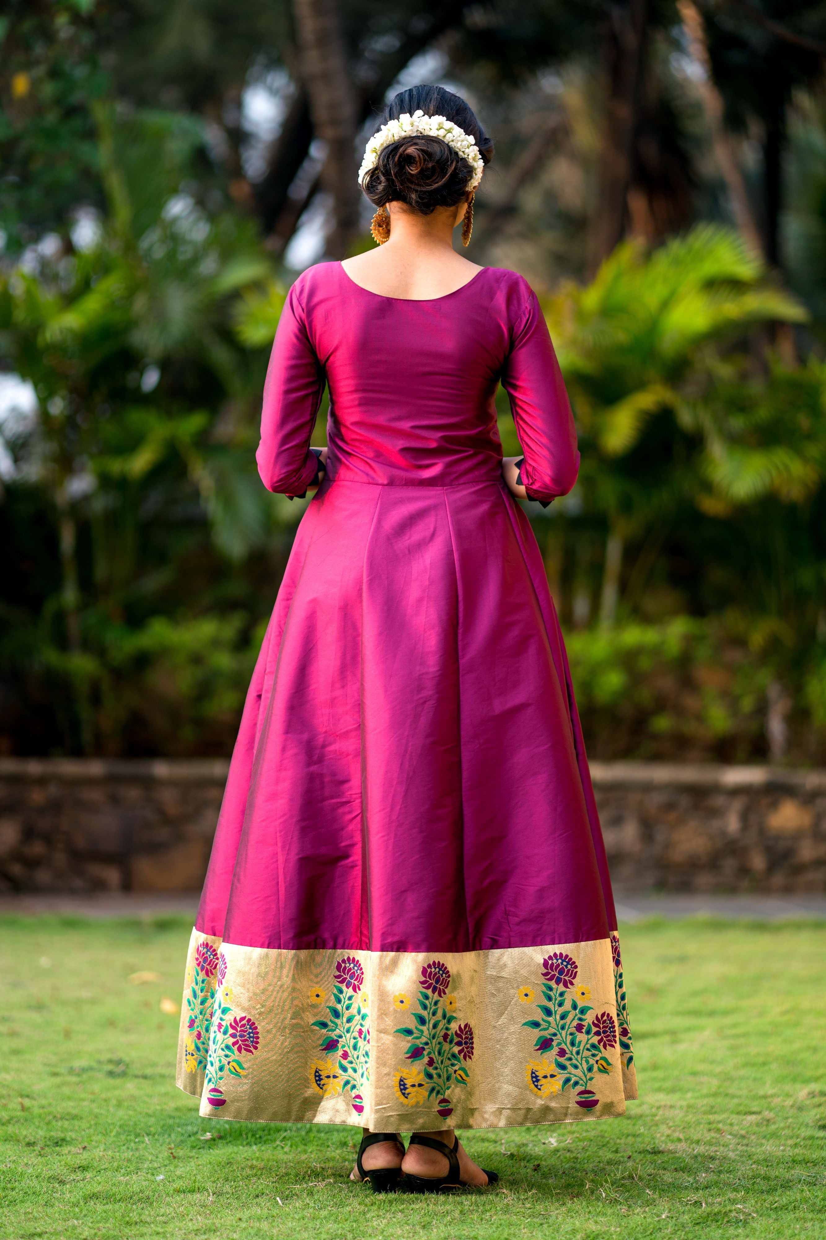 Women Purple Taffeta Silk Anarkali Gown With Dupatta- Adiba Fashion