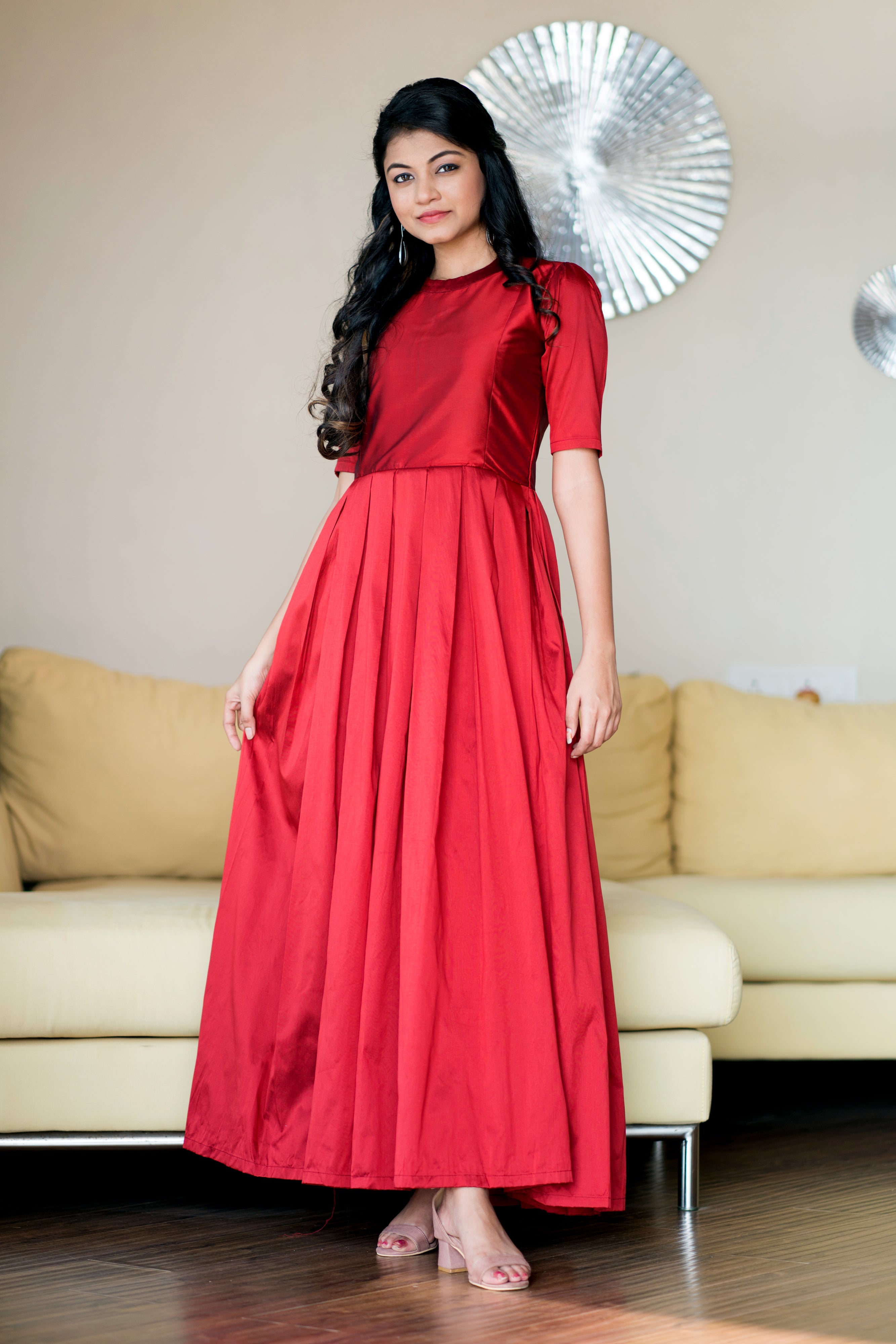 Women Red Taffeta Silk O-Neck Party Ball Gown- Adiba Fashion