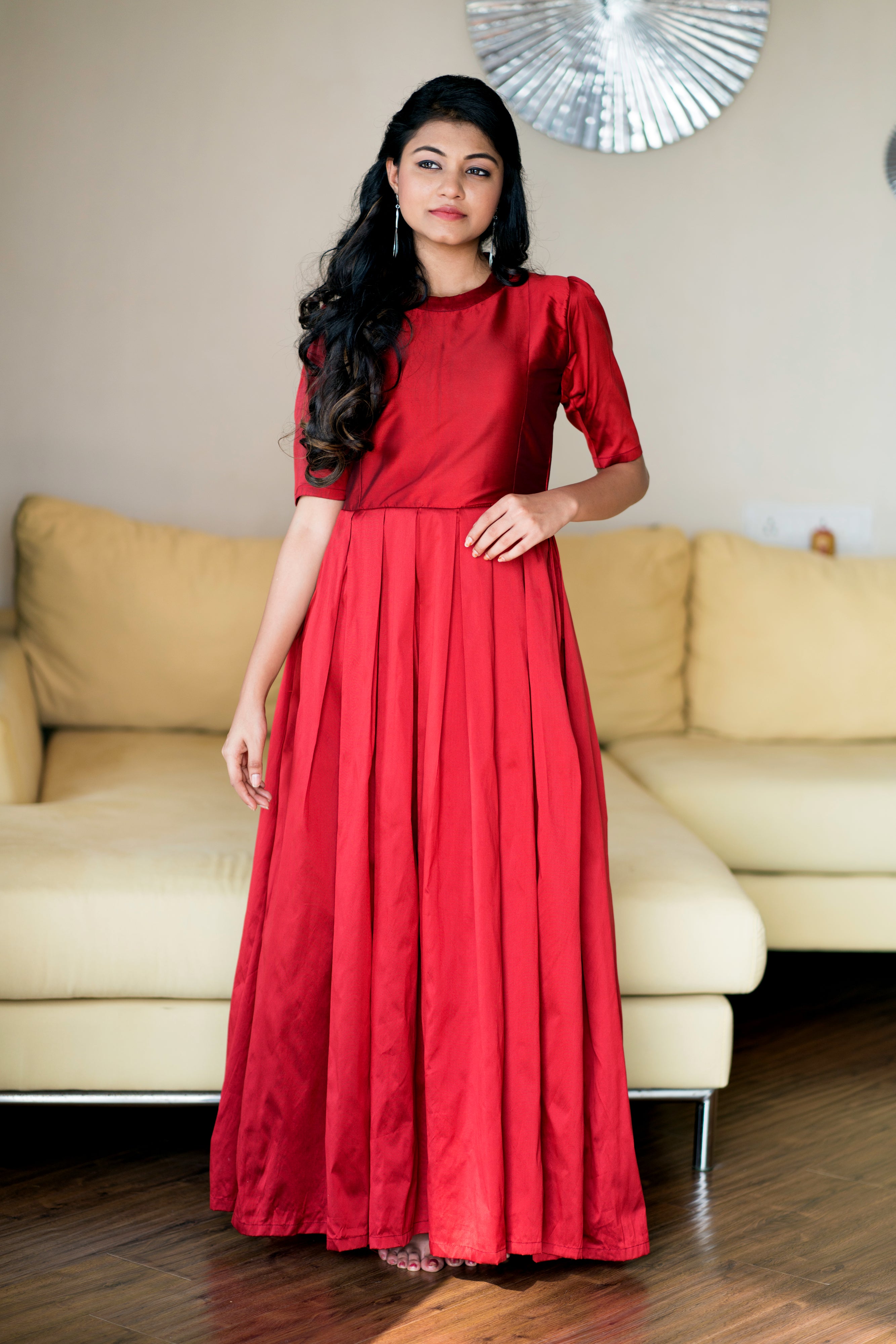 Women Red Taffeta Silk O-Neck Party Ball Gown- Adiba Fashion