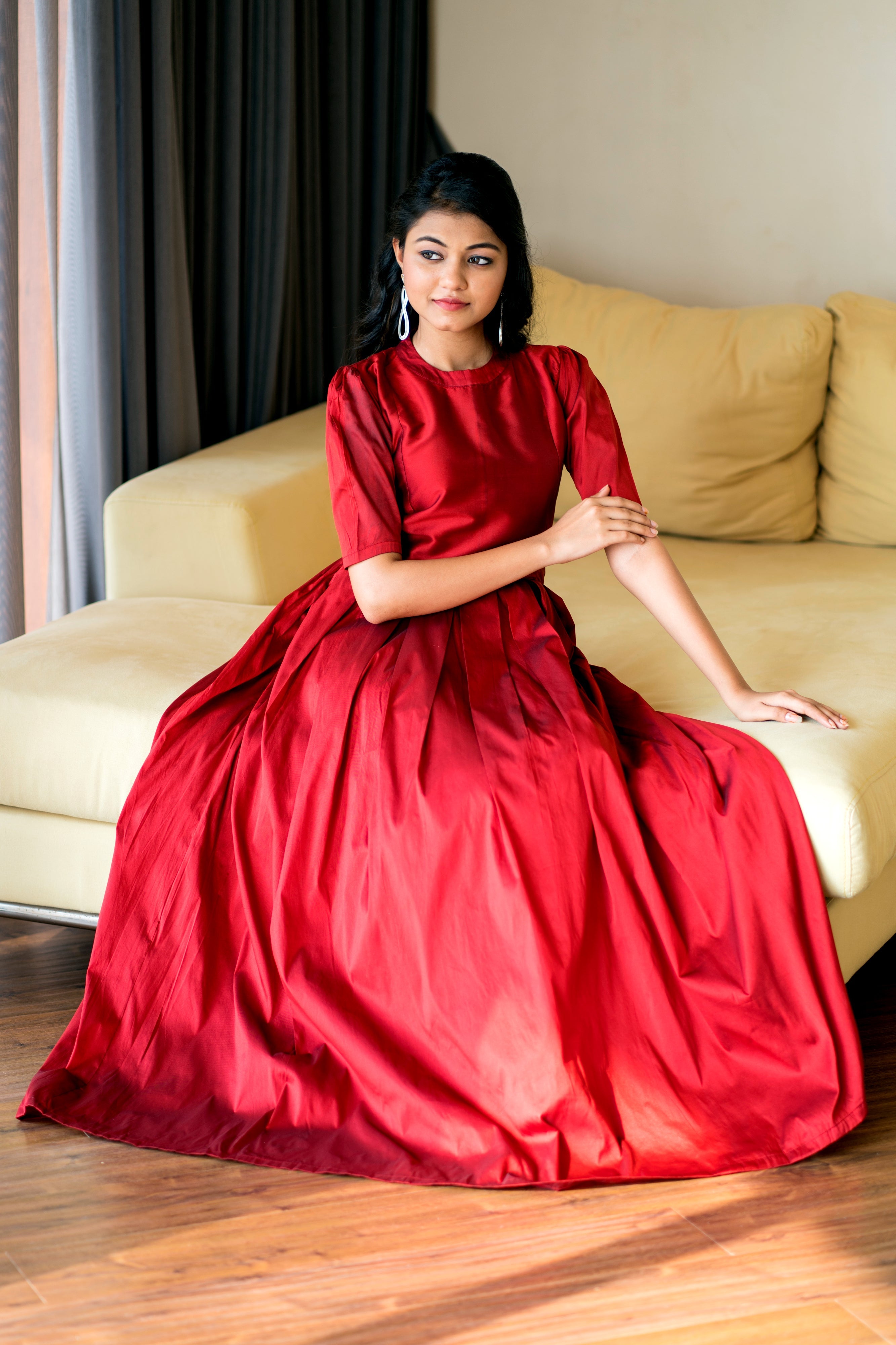 Women Red Taffeta Silk O-Neck Party Ball Gown- Adiba Fashion