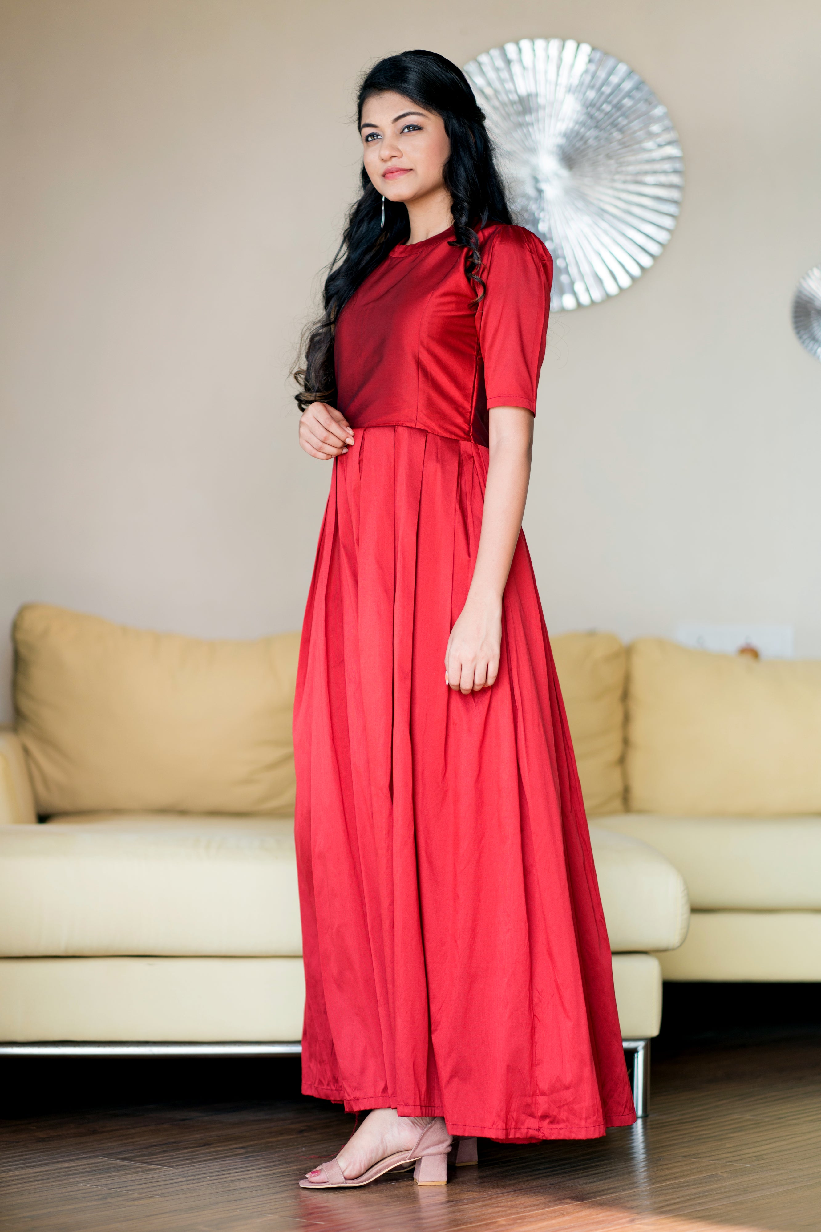Women Red Taffeta Silk O-Neck Party Ball Gown- Adiba Fashion
