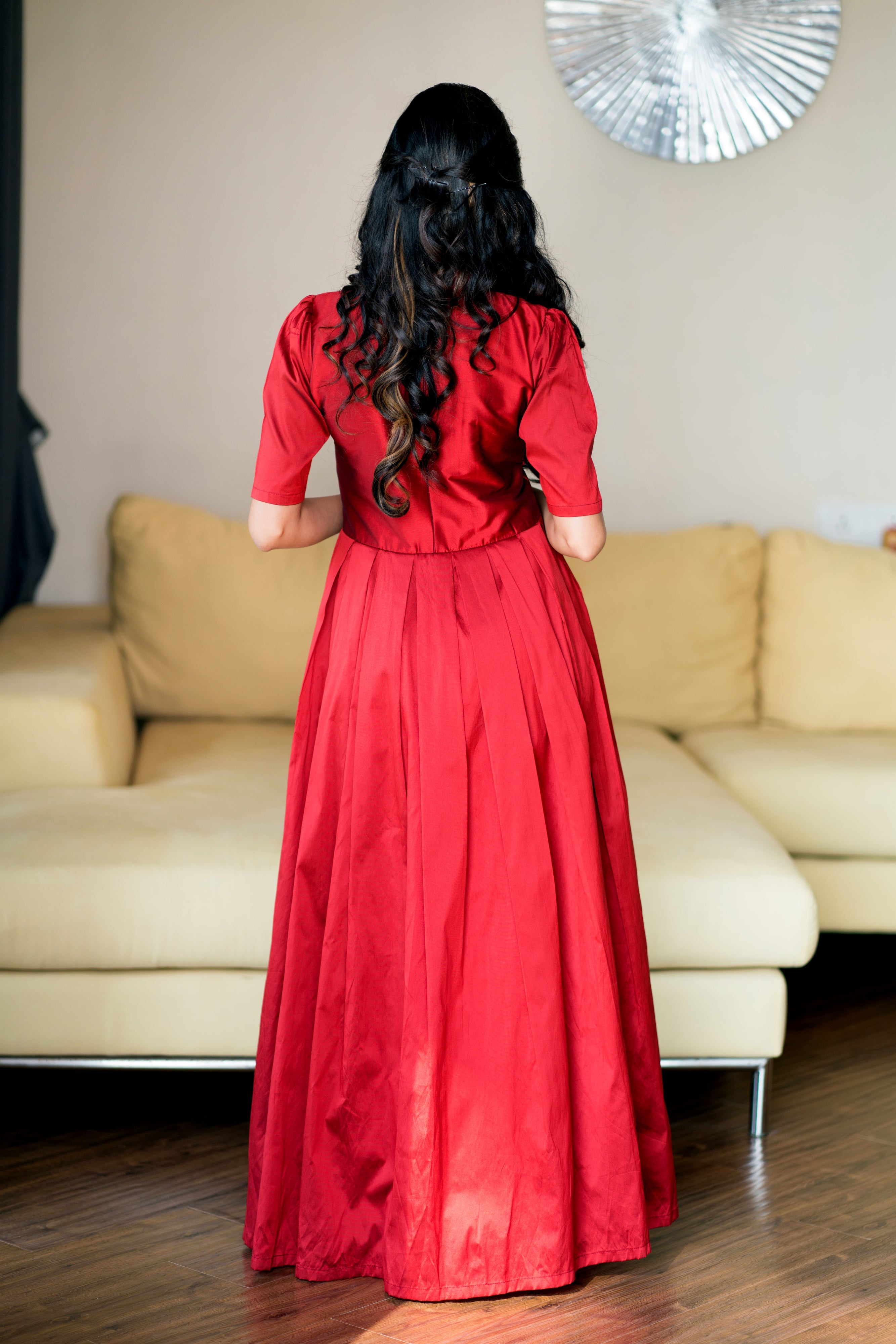 Women Red Taffeta Silk O-Neck Party Ball Gown- Adiba Fashion