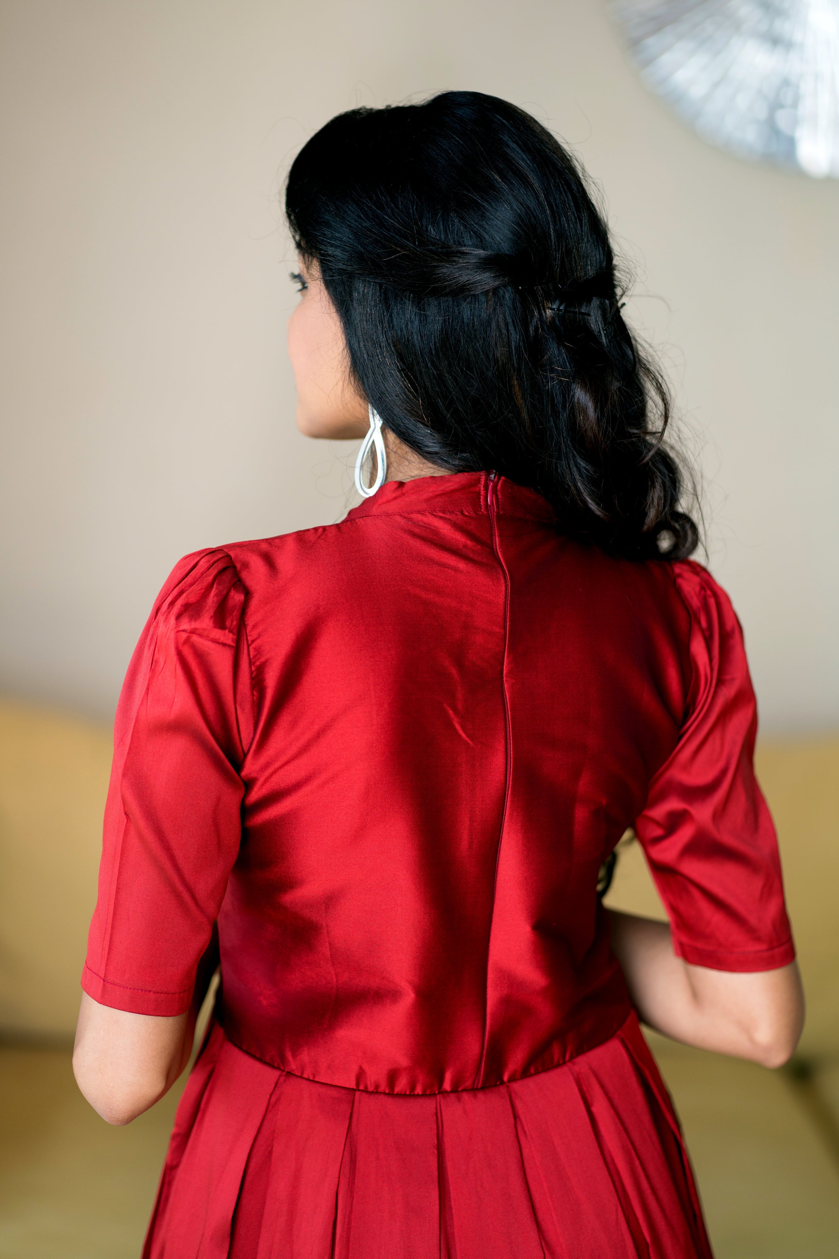 Women Red Taffeta Silk O-Neck Party Ball Gown- Adiba Fashion