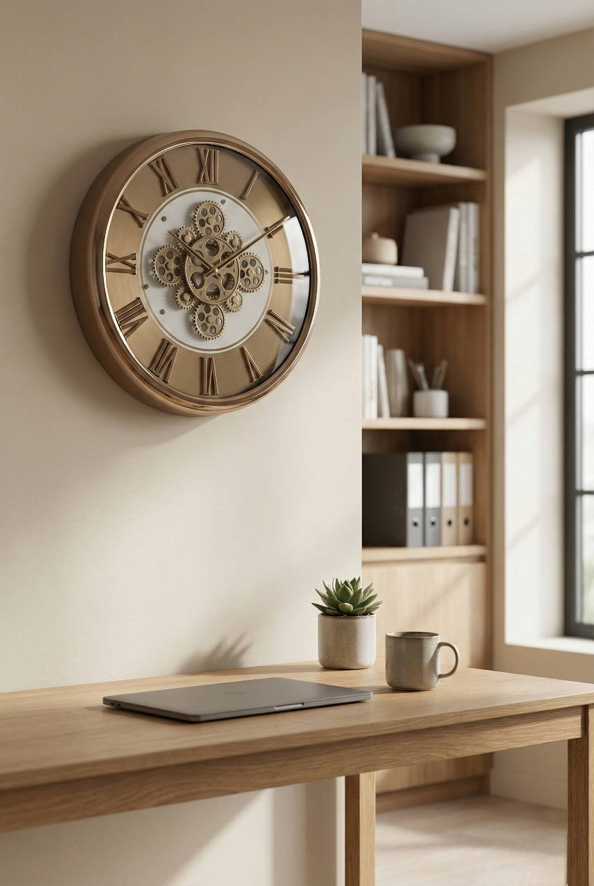 Wooden desk with a clock on the wall in a home office setting