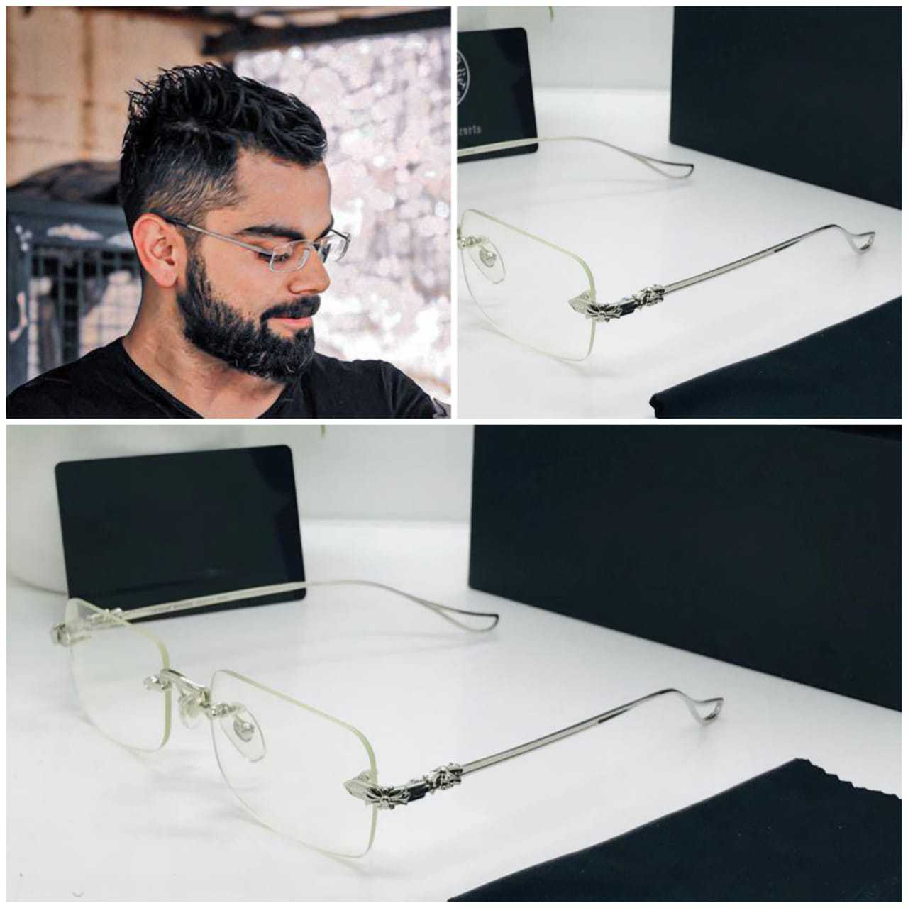 Virat Kohli wearing stylish silver rimless eyeglasses with beard.
