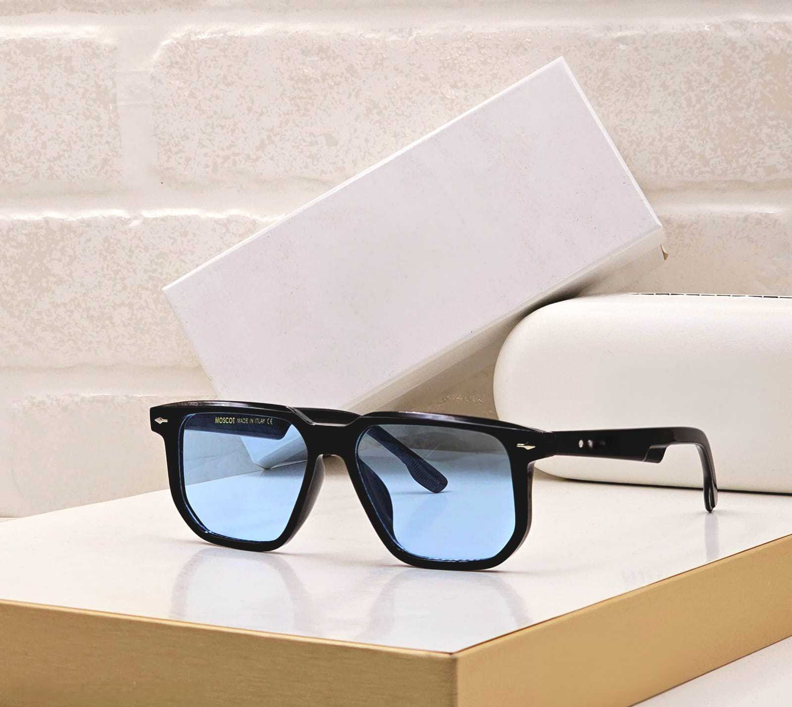 Black rectangular sunglasses with cool blue gradient lenses.