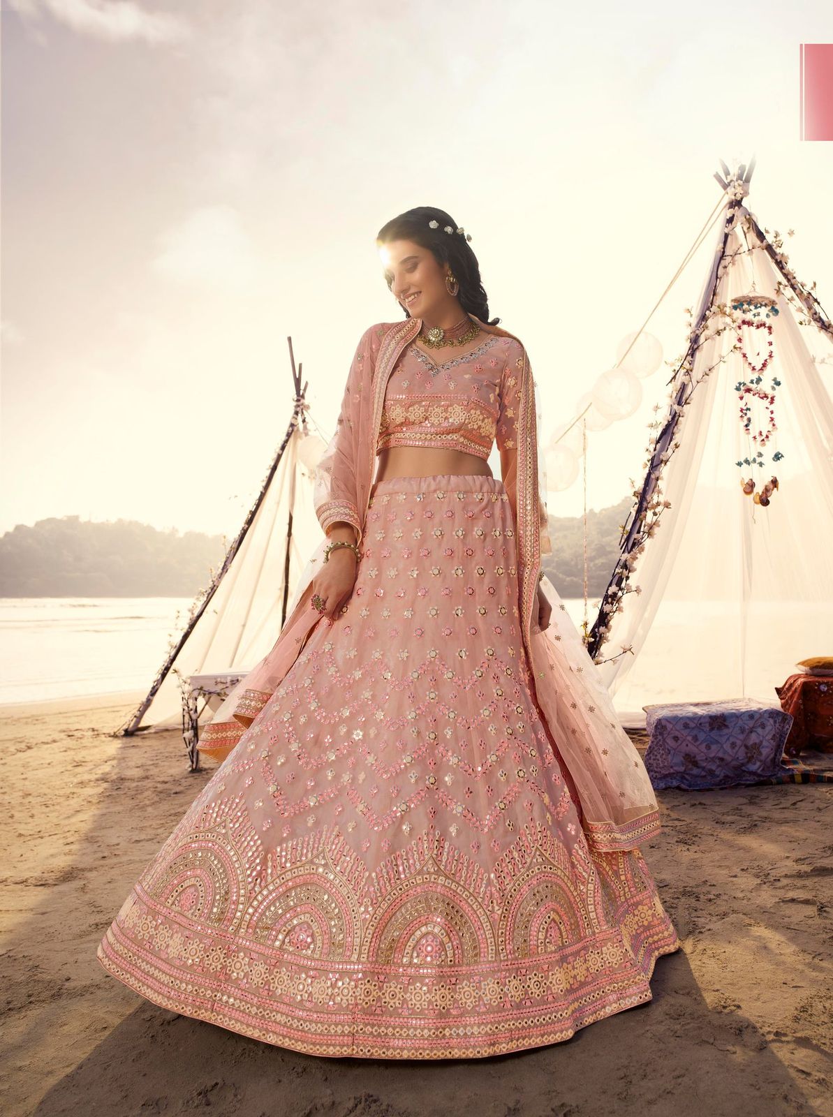 Peach Color Mirror Work Embroidered Organza Semi-Stitched Lehenga Choli - FunkyTradition