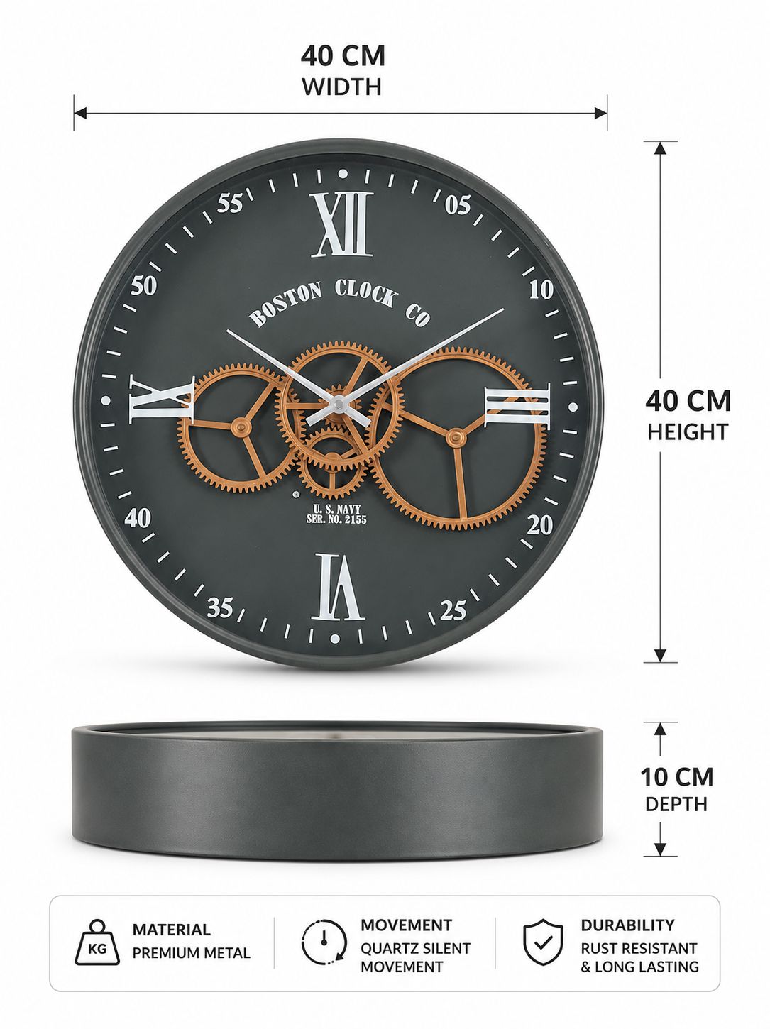 40 CM moving gear wall clock dimensions width height and depth infographic
