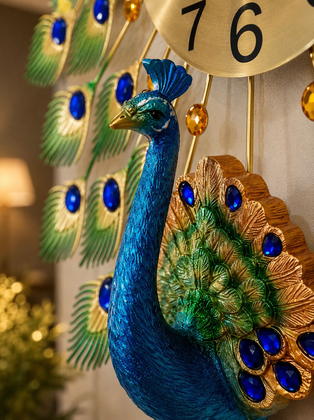 Handcrafted ceramic peacock body detail with luxury metallic finish and gemstone accents