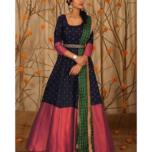 Adorable Designer Wear Blue Satin Silk Anarkali Gown With Silk Chanderi Dupatta-FunkyTradition - FunkyTradition