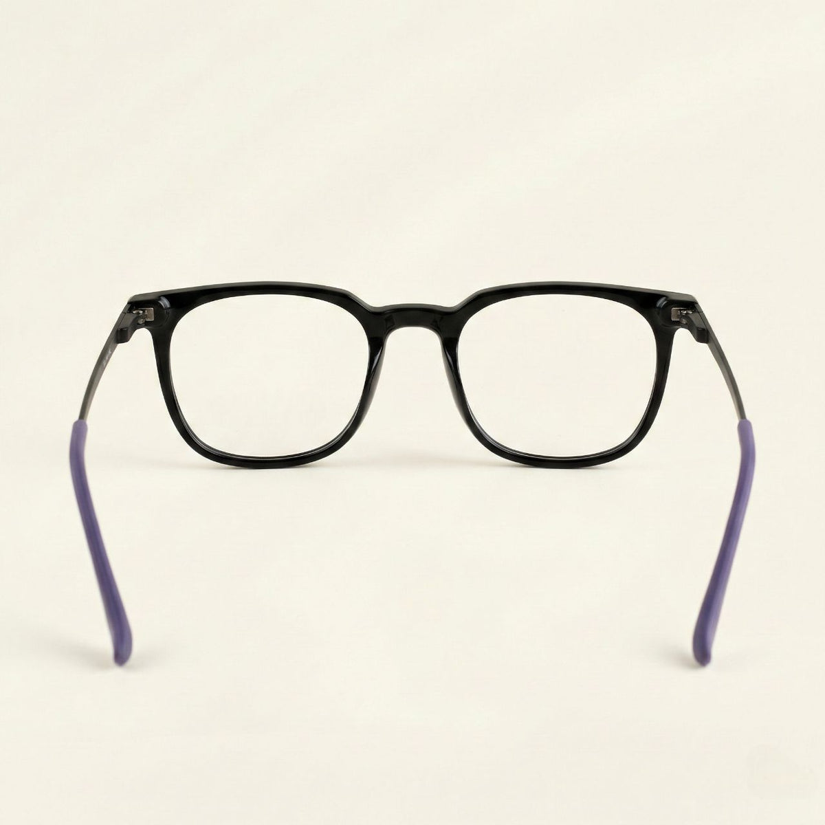 back angle view of black square eyeglasses with stylish purple temples