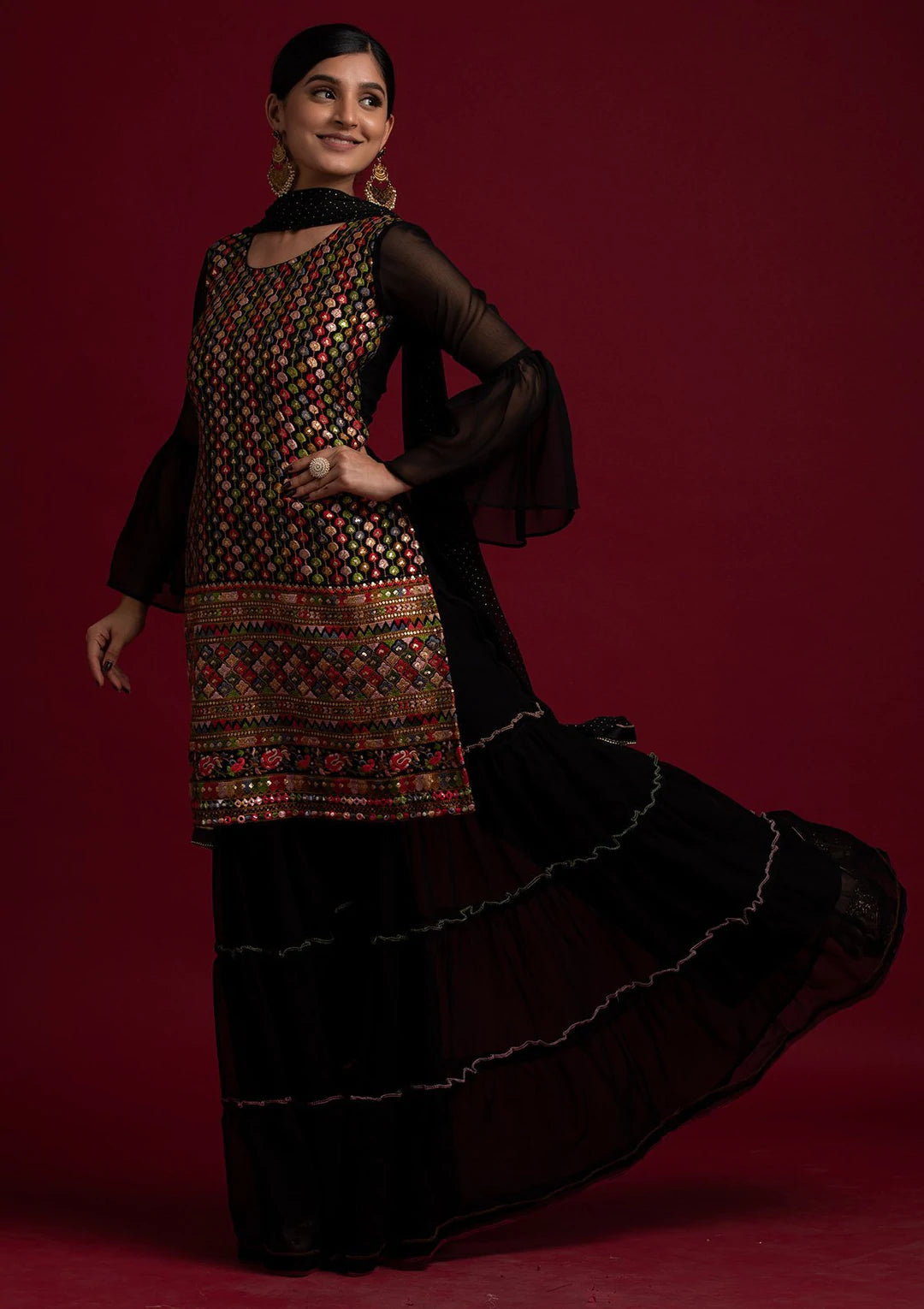 Black Sequins Georgette Designer Salwar Suit Sharara Garara - FunkyTradition