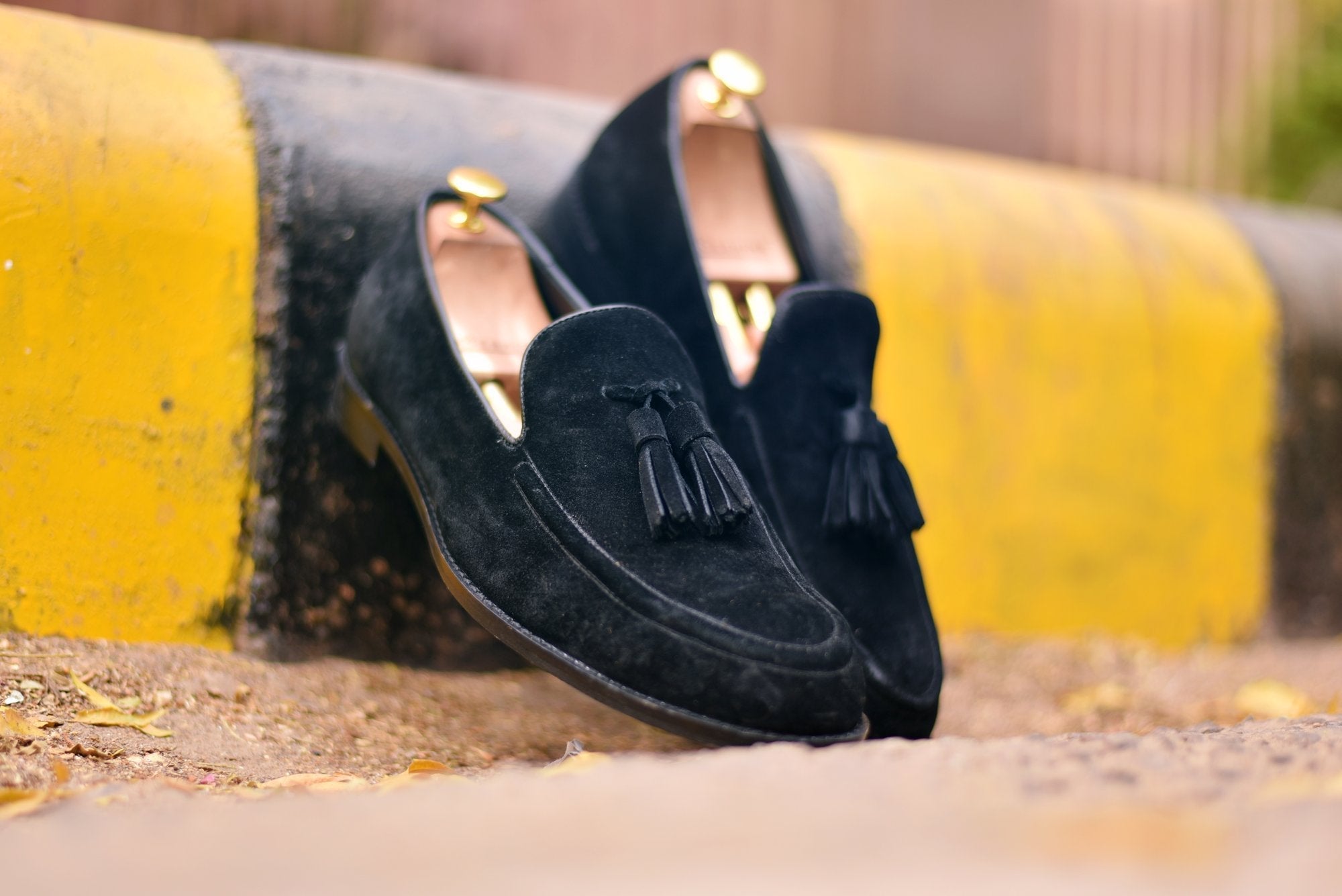 Black Suede Slip Ons With Tassels For Men-FunkyTradition - FunkyTradition