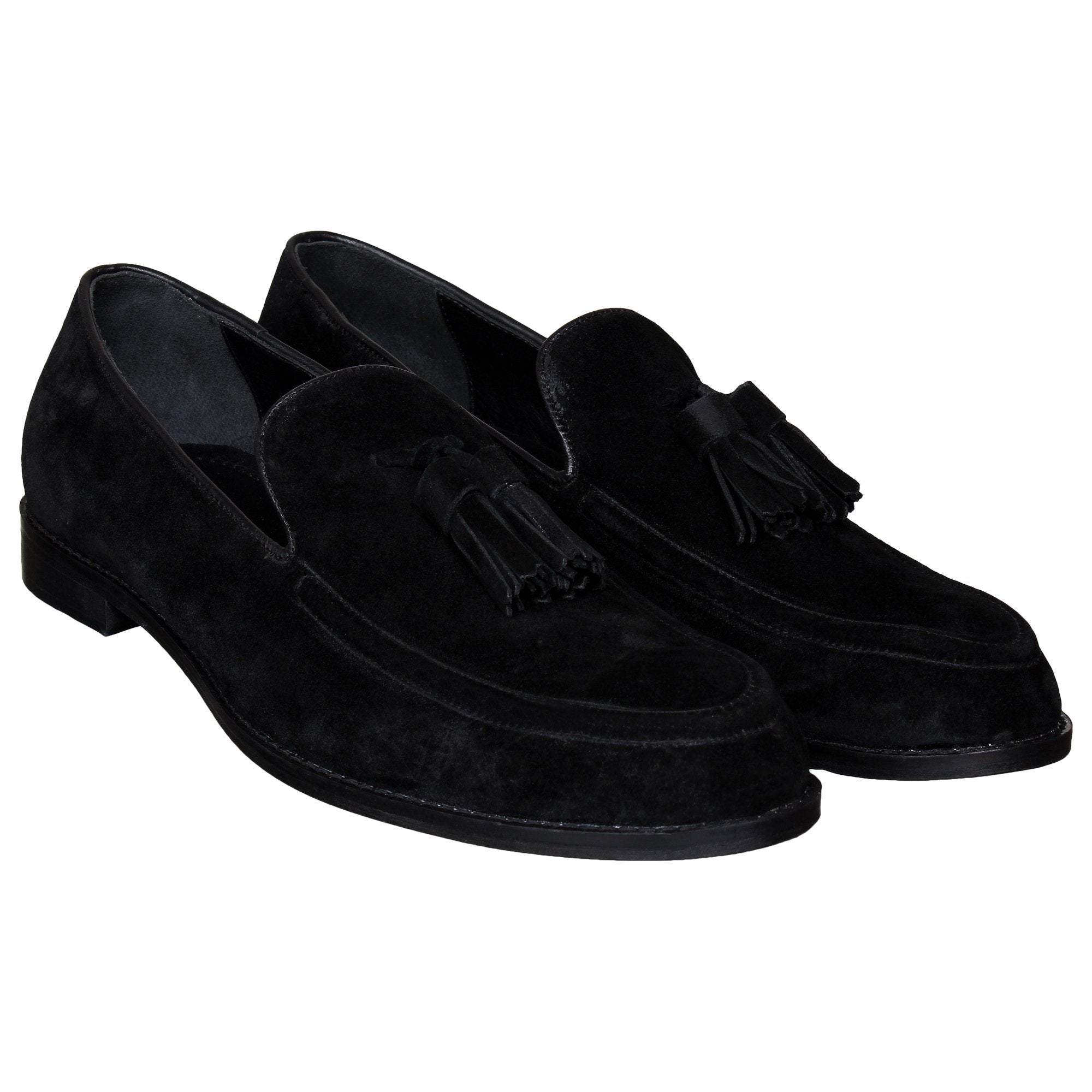 Black Suede Slip Ons With Tassels For Men-FunkyTradition - FunkyTradition