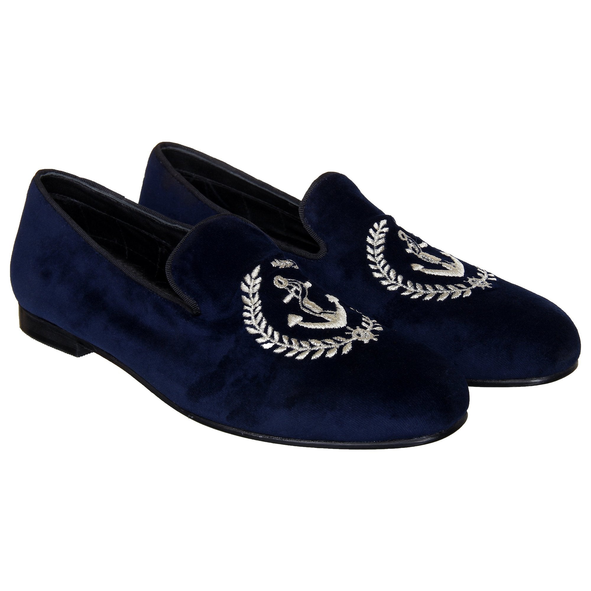 Blue Velvet Anchor Embroidered Slip On For Men-FunkyTradition - FunkyTradition