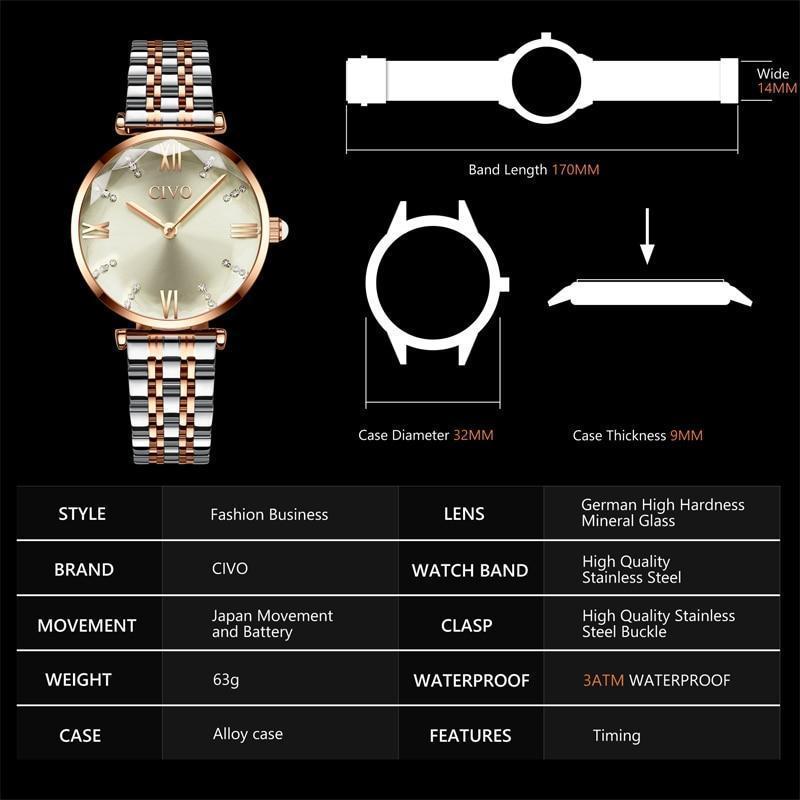 CIVO Fashion Luxury Rose Gold Steel Strap Women Watch-FunkyTradition - FunkyTradition