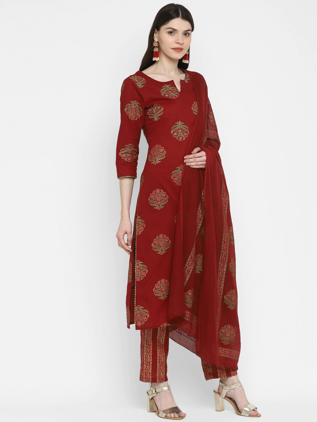 Maroon Woven Design Kurta with Trousers & Dupatta- FunkyTradition