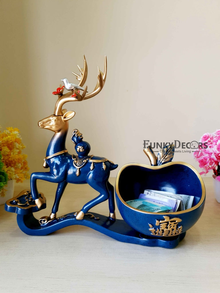 Deer Sculpture In Blue Decorative Showpiece With Cash And Key Holder Animal Figurine- FunkyTradition