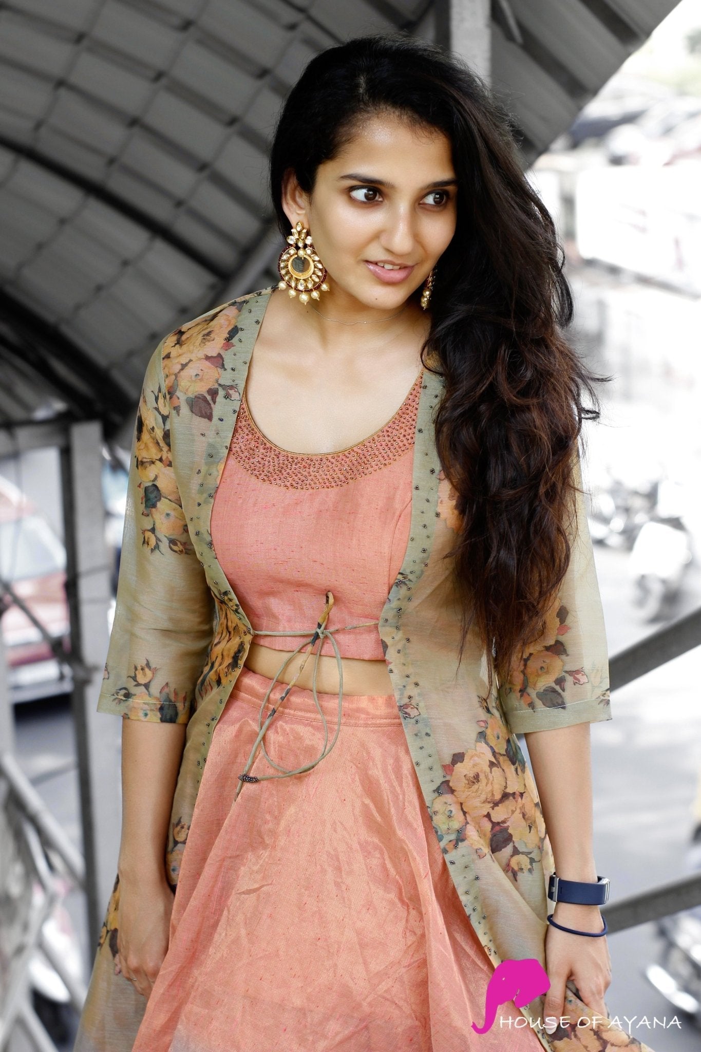 Designer Peach Party Wear Lahenga Choli Along With Tissue Silk Floral Printed Shrugs-FunkyTradition - FunkyTradition