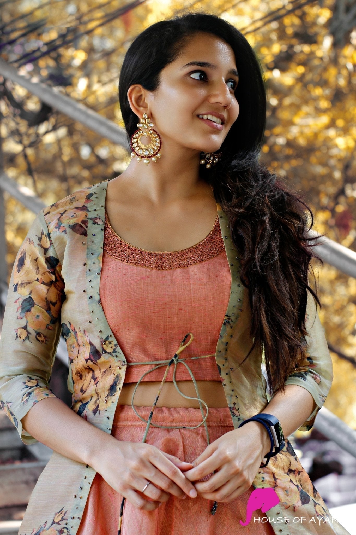 Designer Peach Party Wear Lahenga Choli Along With Tissue Silk Floral Printed Shrugs-FunkyTradition - FunkyTradition